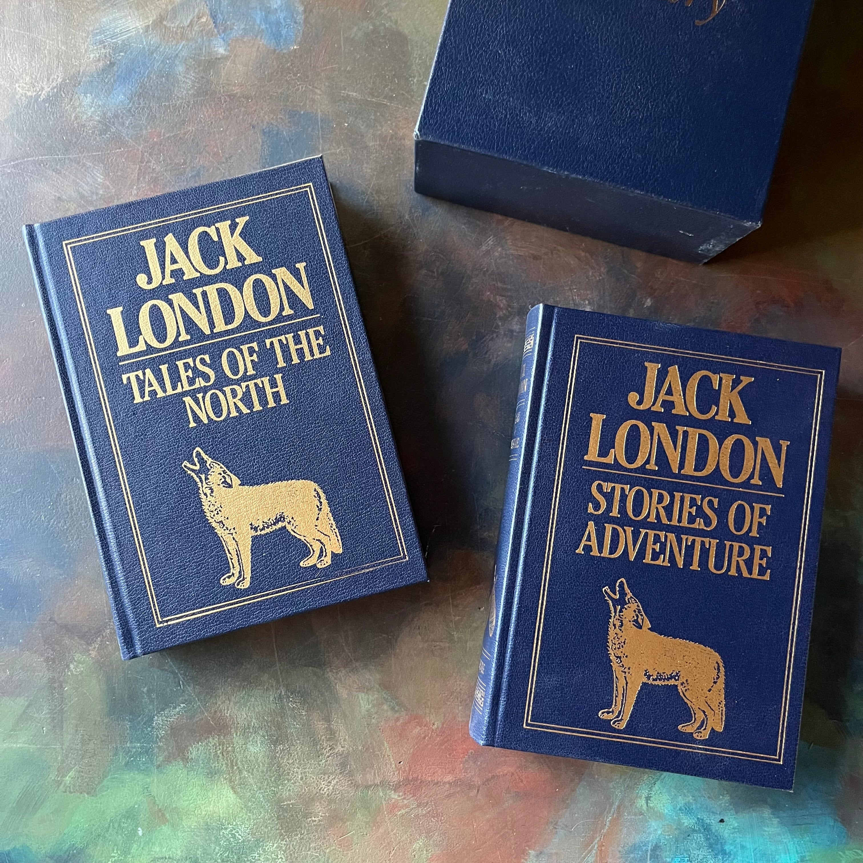 The Jack London Library 2 Volume Set-Tales of the North-Stories of Adventure-Books in Sleeve-Classic American Literature-Gift Book Set-view of the embossed front covers with a howling wolf under the author's name & book title 