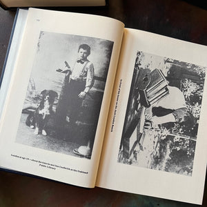 The Jack London Library 2 Volume Set-Tales of the North-Stories of Adventure-Books in Sleeve-Classic American Literature-Gift Book Set-view of two photographs of Jack London at different points in his life - one in childhood with a dog & one with him writing outside at a table