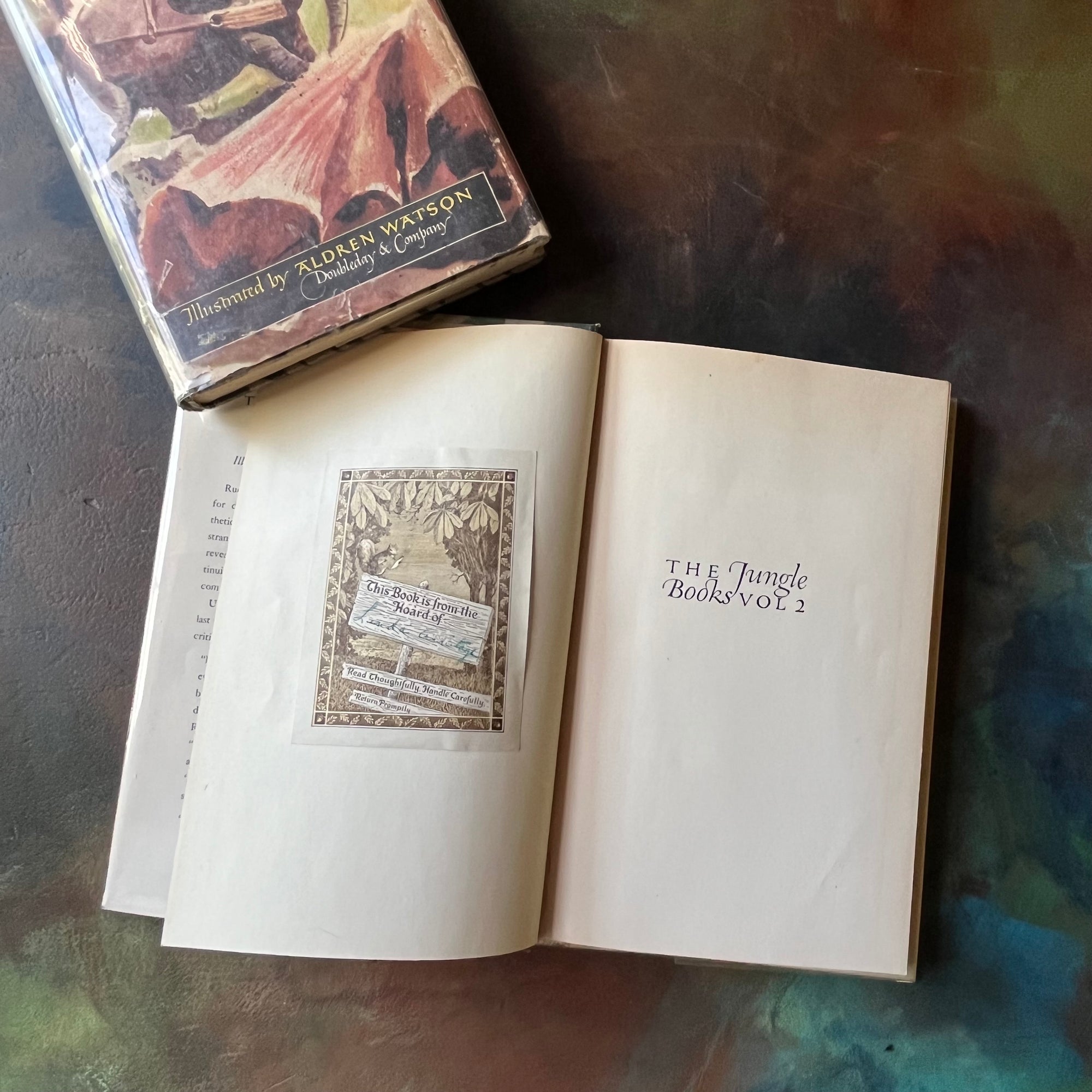 The Jungle Books by Rudyard Kipling Volumes I & II - Junior Illustrated Library Editions-vintage children's classics-view of the half title page showing a bookplate on the page opposite