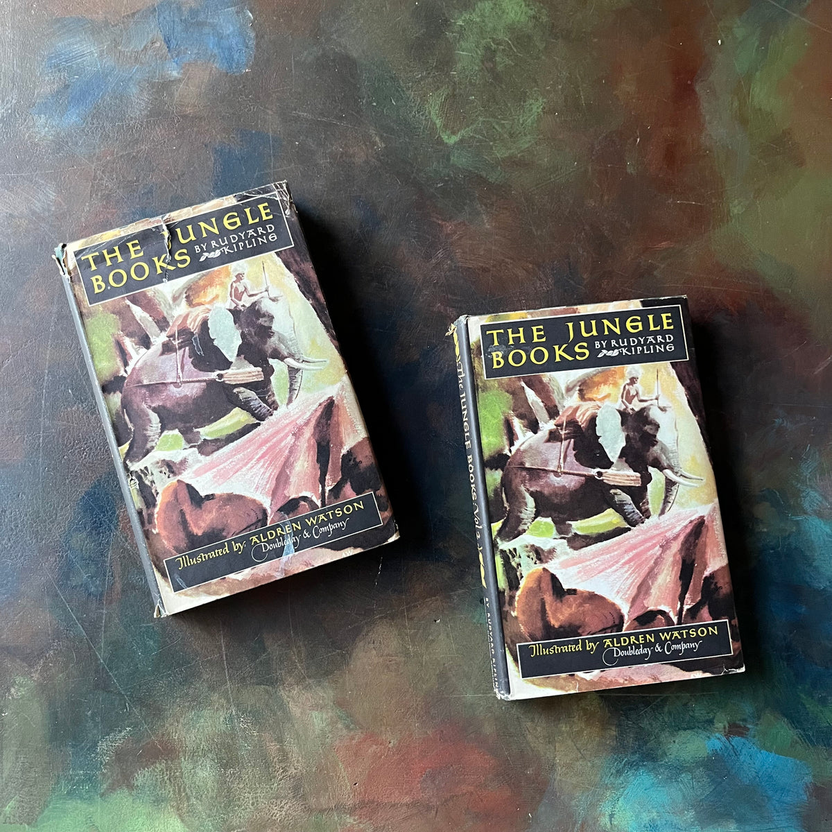 The Jungle Books by Rudyard Kipling Volumes I & II-Junior Illustrated Library Editions-vintage children's classics-view of the dust jacket's front covers