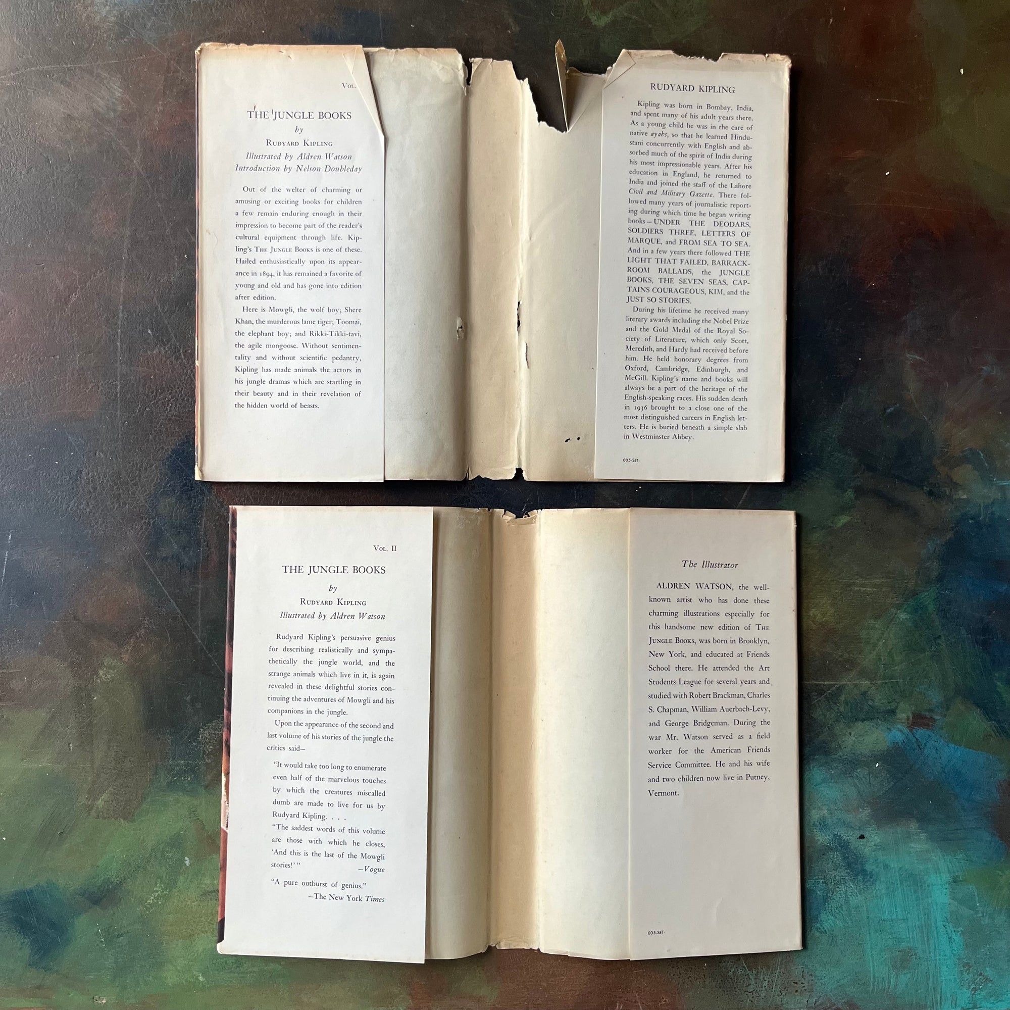 The Jungle Books by Rudyard Kipling Volumes I & II-Junior Illustrated Library Editions-vintage children's classics-view of the inside flaps of the dust jacket - both are intact (no clipping) however they are in rough condition