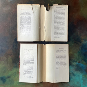 The Jungle Books by Rudyard Kipling Volumes I & II-Junior Illustrated Library Editions-vintage children's classics-view of the inside flaps of the dust jacket - both are intact (no clipping) however they are in rough condition