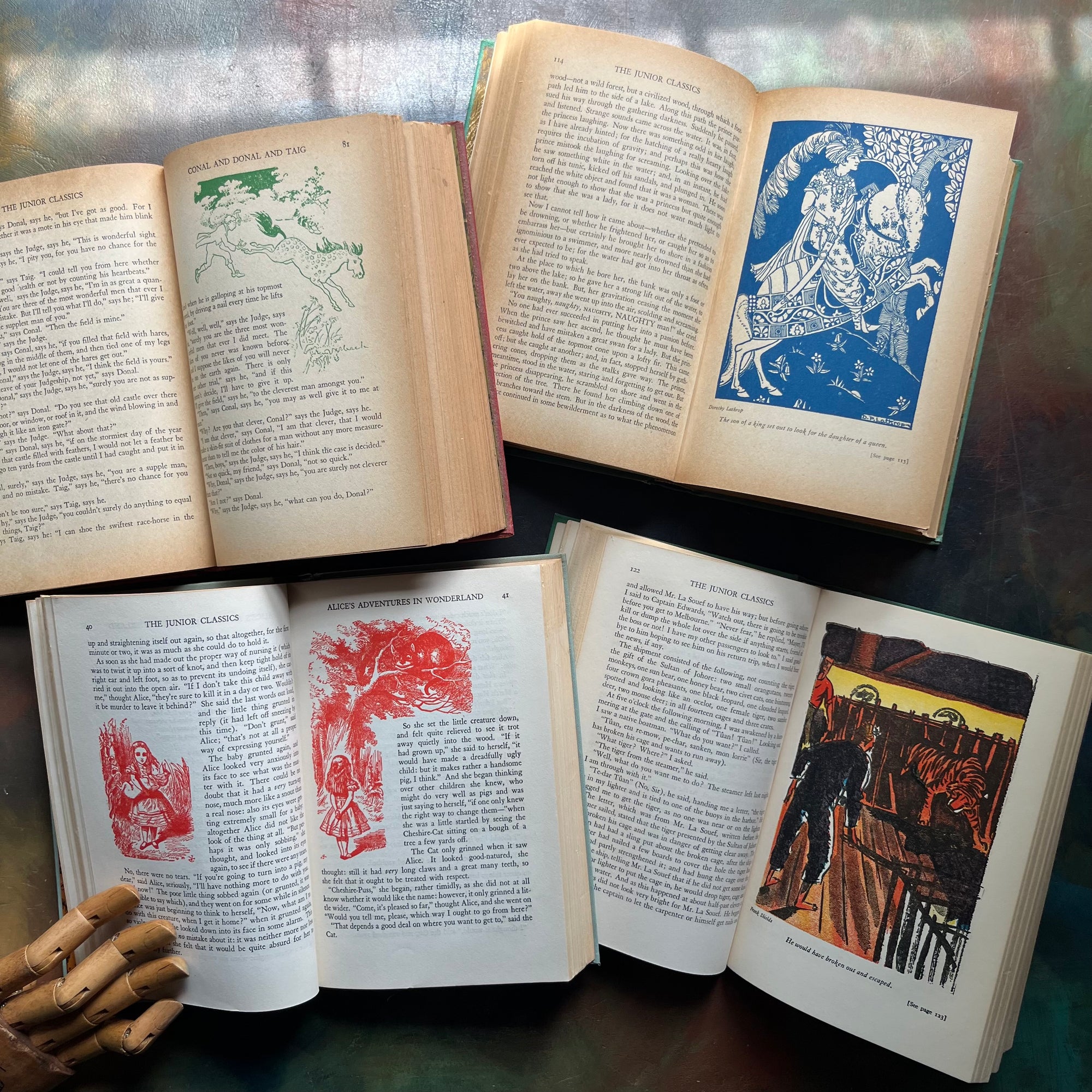 The Junior Classics Young Folks Shelf of Books-Volumes 1, 2, 5, 7-classic children's literature-anthology for children-short stories-view of a sample of illustrations from each book