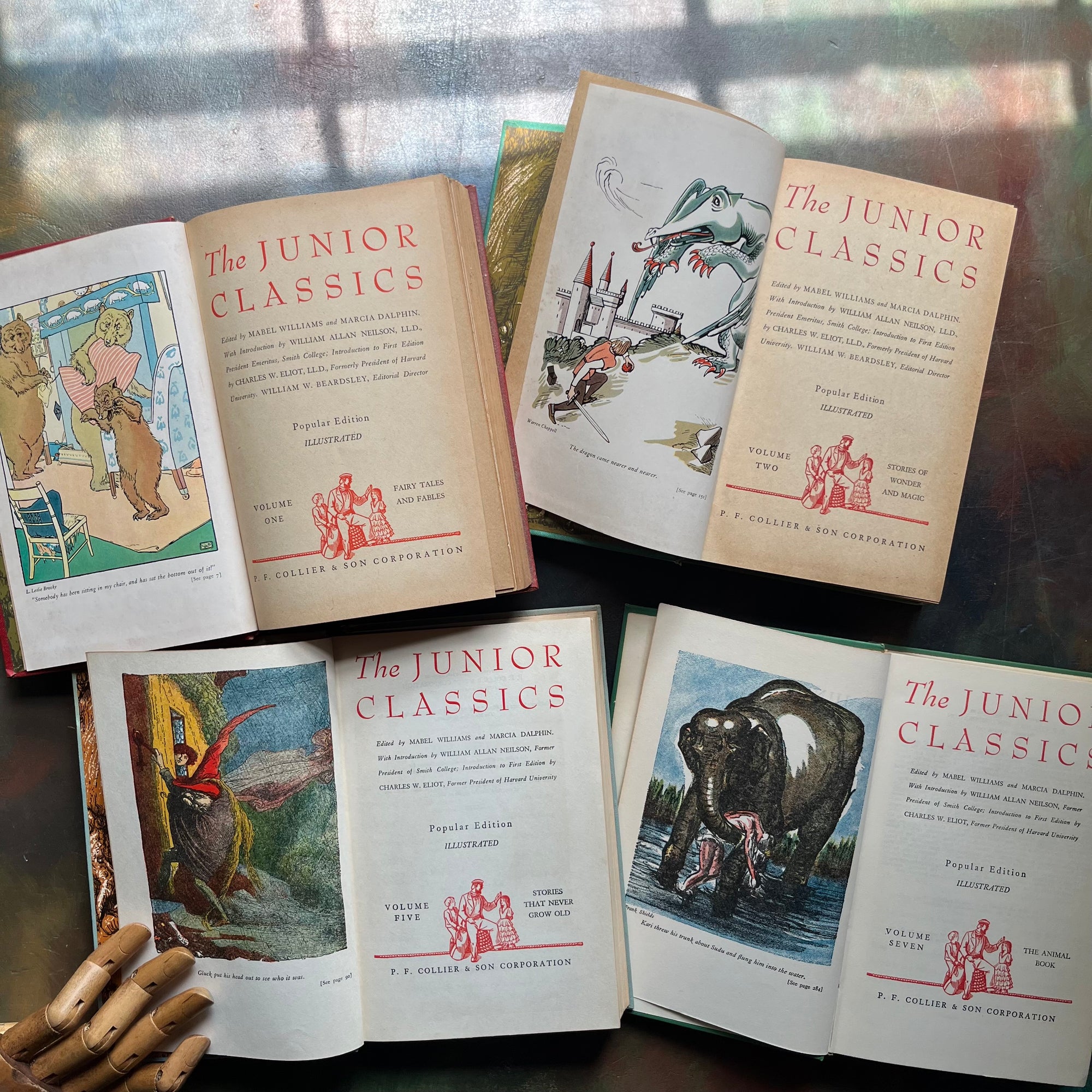 The Junior Classics Young Folks Shelf of Books-Volumes 1, 2, 5, 7-classic children's literature-anthology for children-short stories-view of the title pages and frontispieces