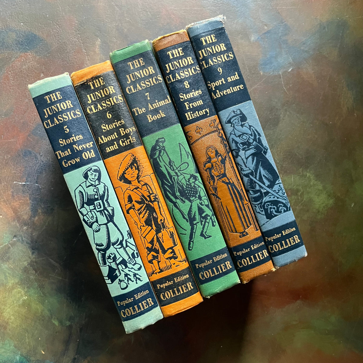 The Junior Classics Young Folks Shelf of Books-Volumes 5-9-classic children's literature-anthology for children-short stories-view of the spines