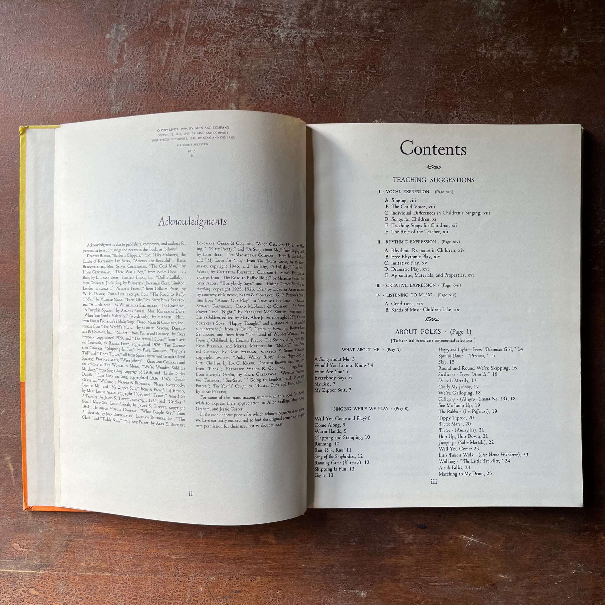 vintage children's schoolbook, vintage schoolbook - The Kindergarten Book Enlarged Edition Our Singing World - view of the contents and copyright pages