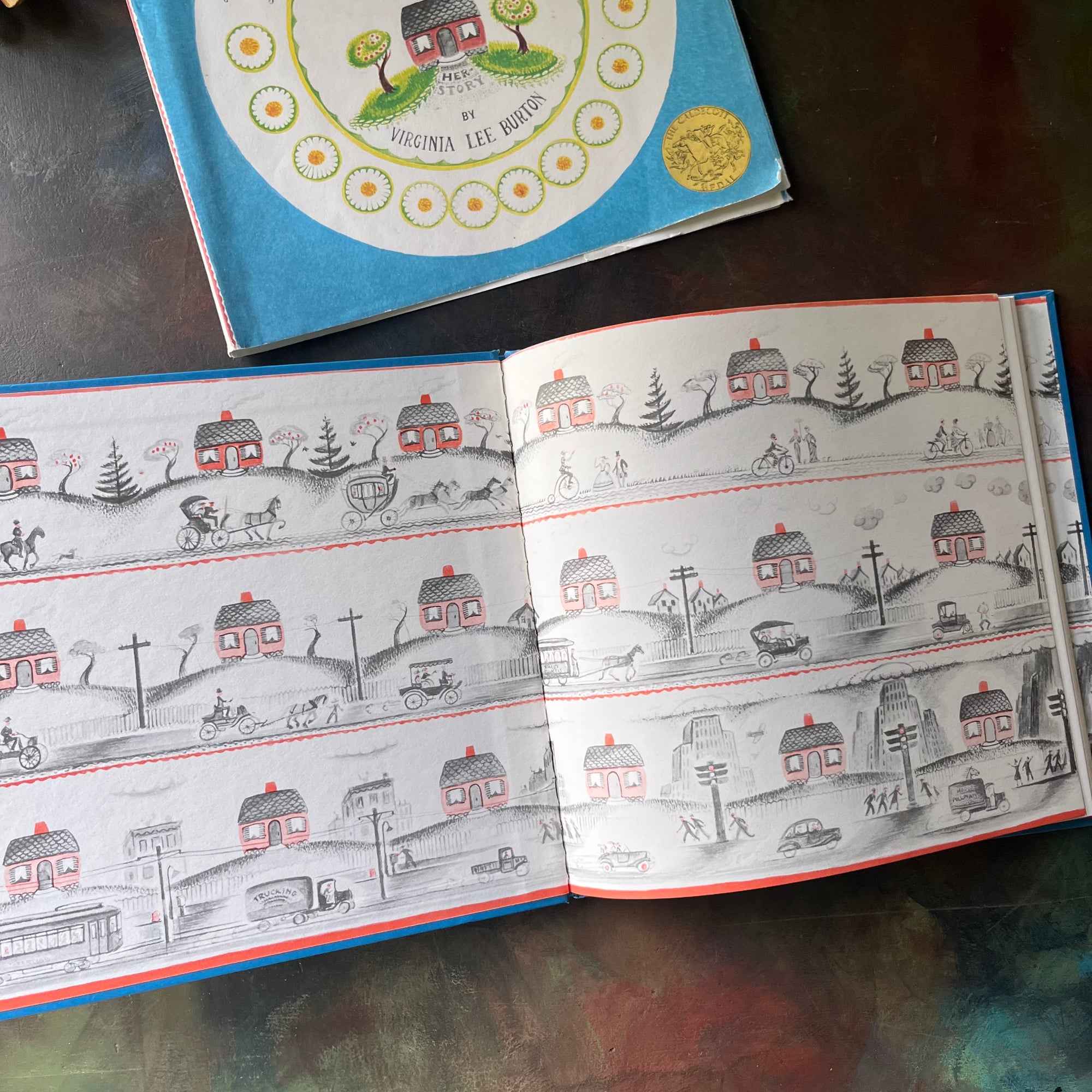 The Little House written & illustrated by Virginia Lee Burton-vintage children's picture book, Caldecott Award Winning Book-view of the inside cover