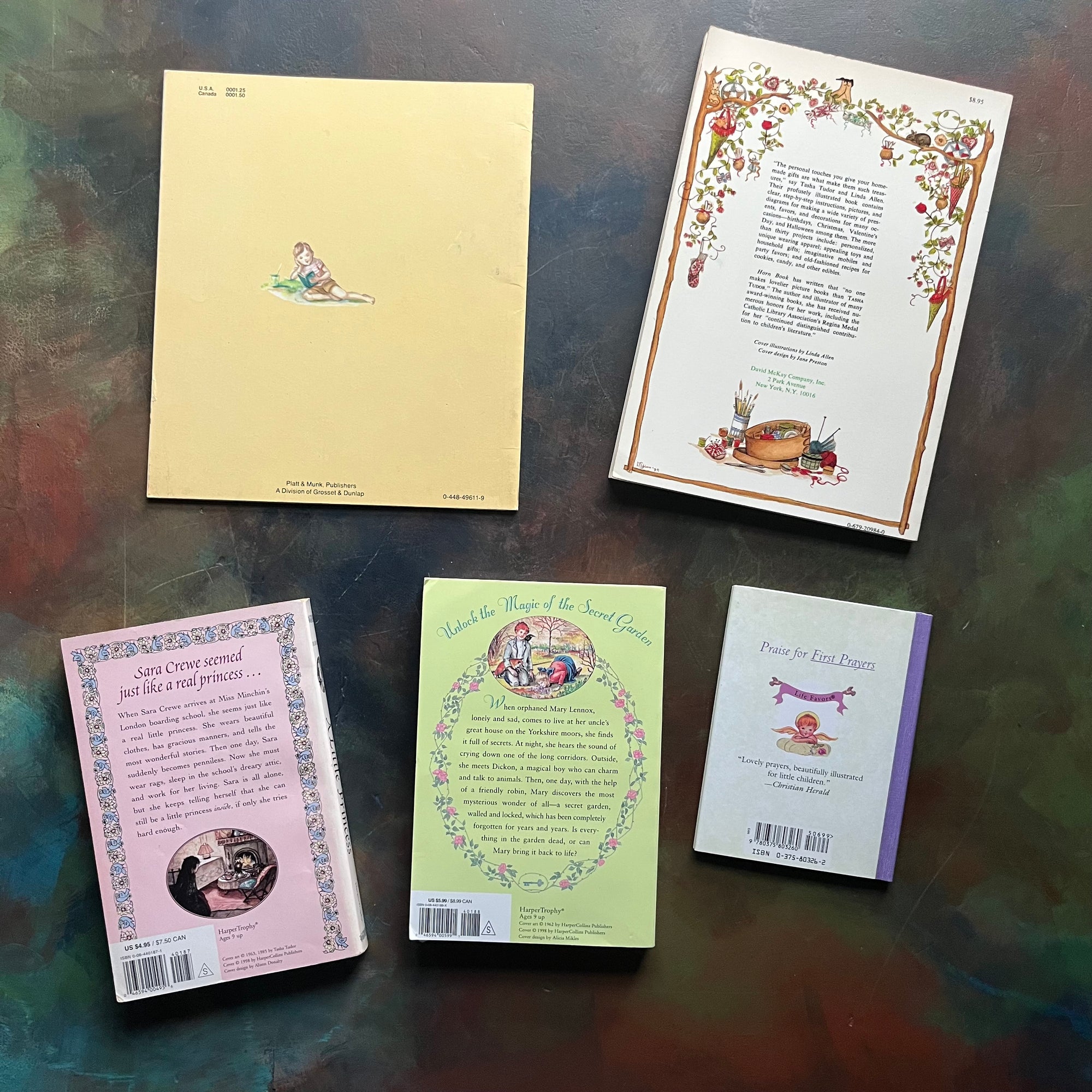 The Little Princess-The Secret Garden-First Poems-More Prayers-Old Fashioned Gifts-Tasha Tudor-vintage children's classics-children's books-view of the back covers