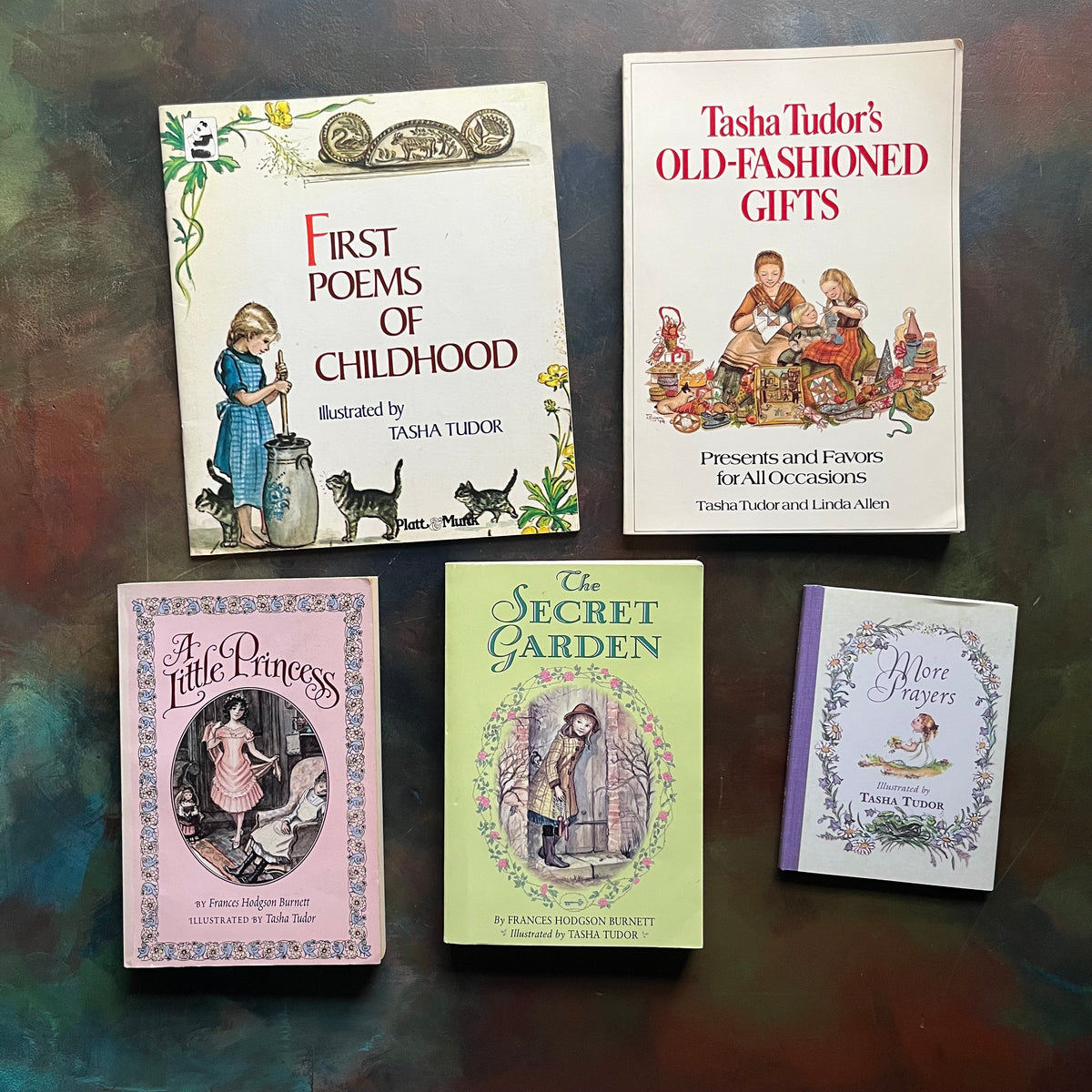 The Little Princess-The Secret Garden-First Poems-More Prayers-Old Fashioned Gifts-Tasha Tudor-vintage children's classics-children's books-view of the front covers
