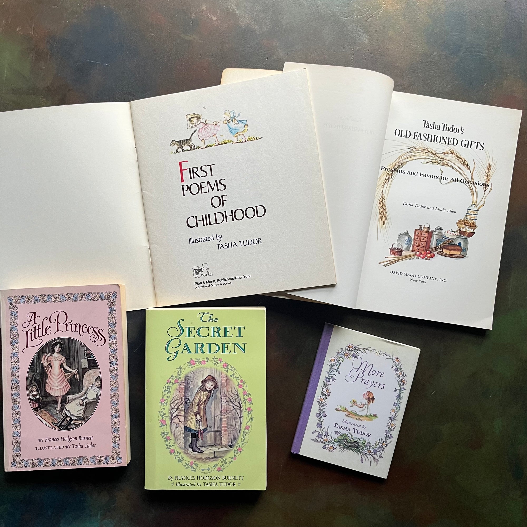 The Little Princess-The Secret Garden-First Poems-More Prayers-Old Fashioned Gifts-Tasha Tudor-vintage children's classics-children's books-view of the inside covers