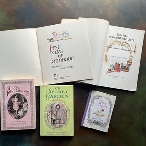 The Little Princess-The Secret Garden-First Poems-More Prayers-Old Fashioned Gifts-Tasha Tudor-vintage children's classics-children's books-view of the inside covers