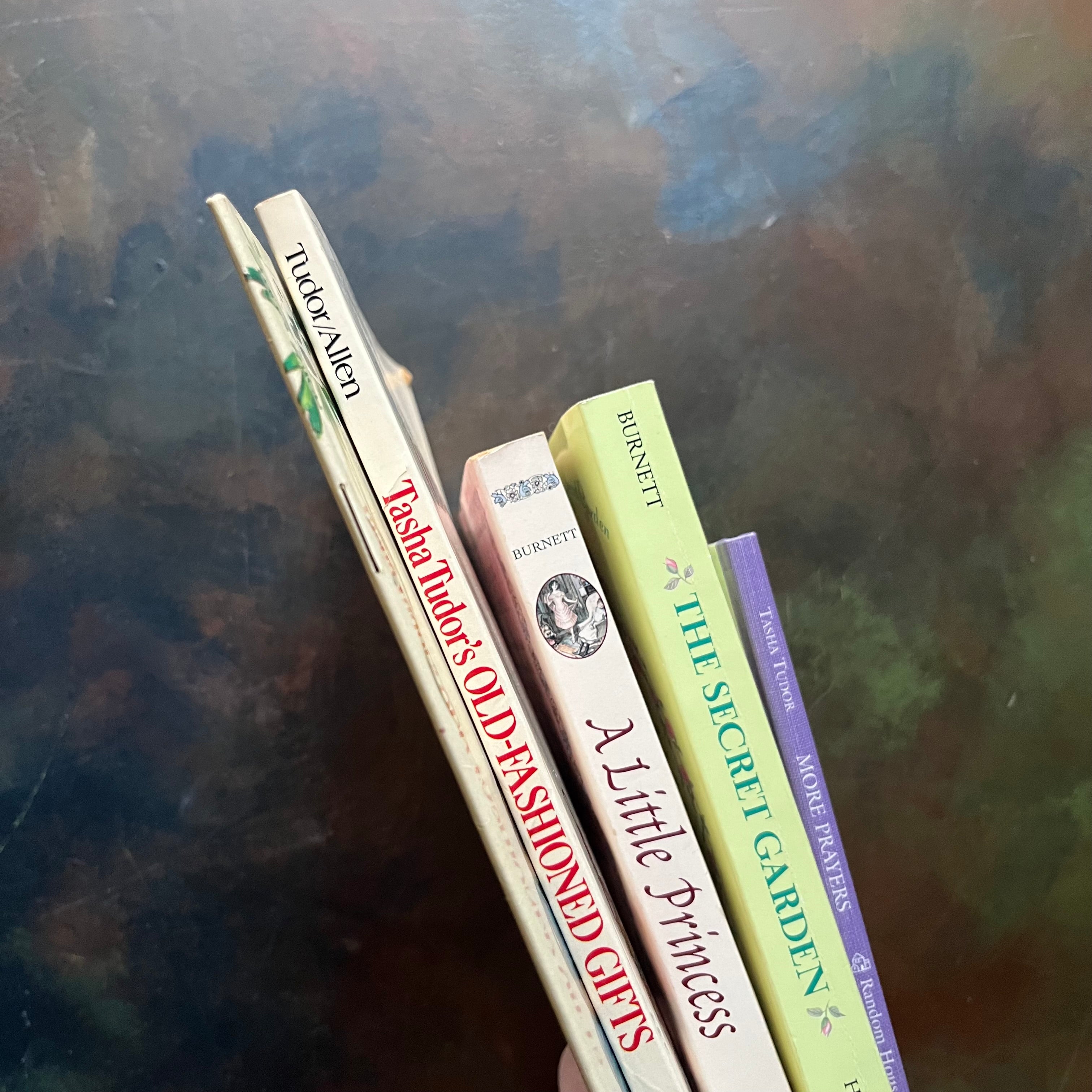 The Little Princess-The Secret Garden-First Poems-More Prayers-Old Fashioned Gifts-Tasha Tudor-vintage children's classics-children's books-view of the spines