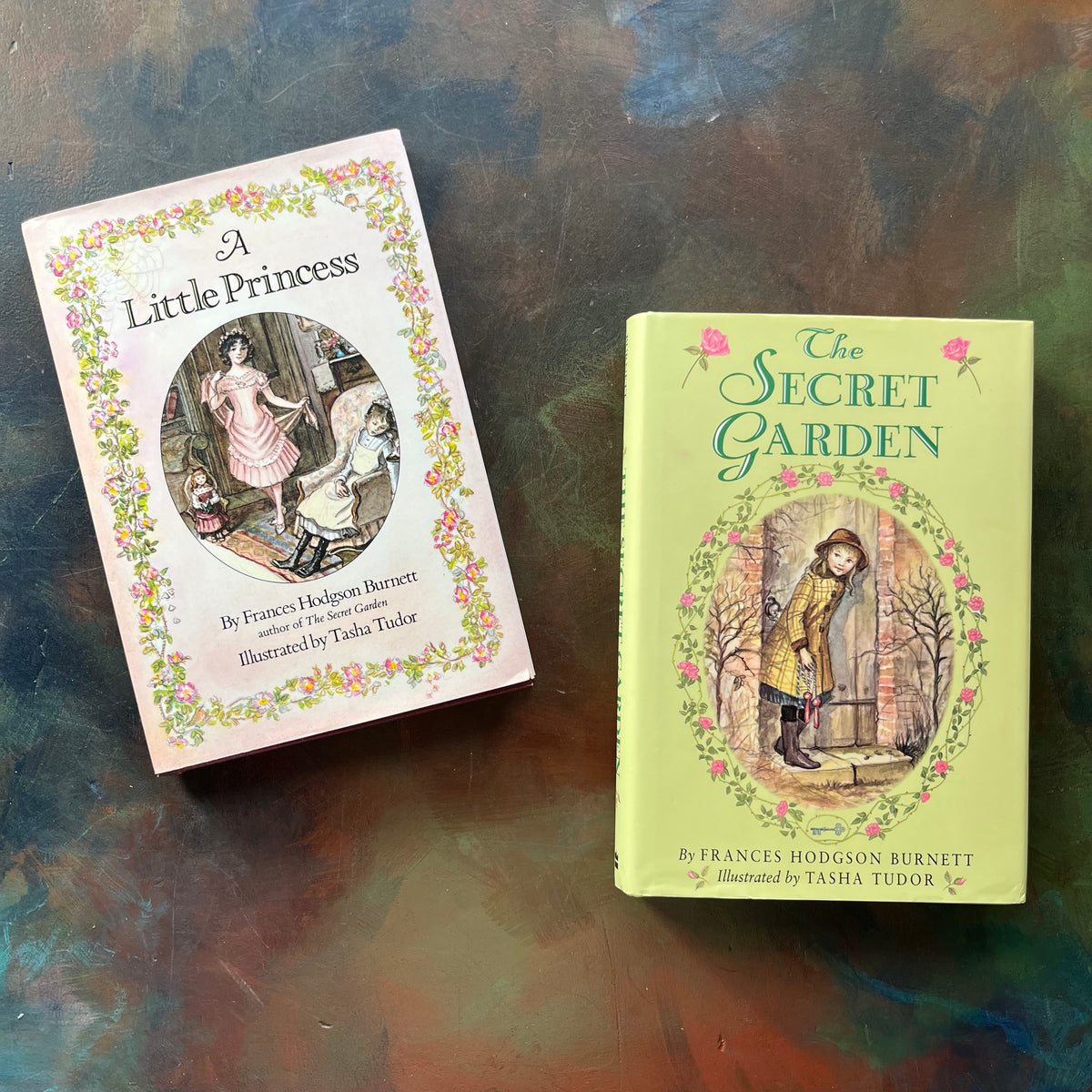The Little Princess and The Secret Garden written by Frances Hodgson Burnett with Illustrations by Tasha Tudor-vintage children's living chapter books-view of the dust jacket's front covers