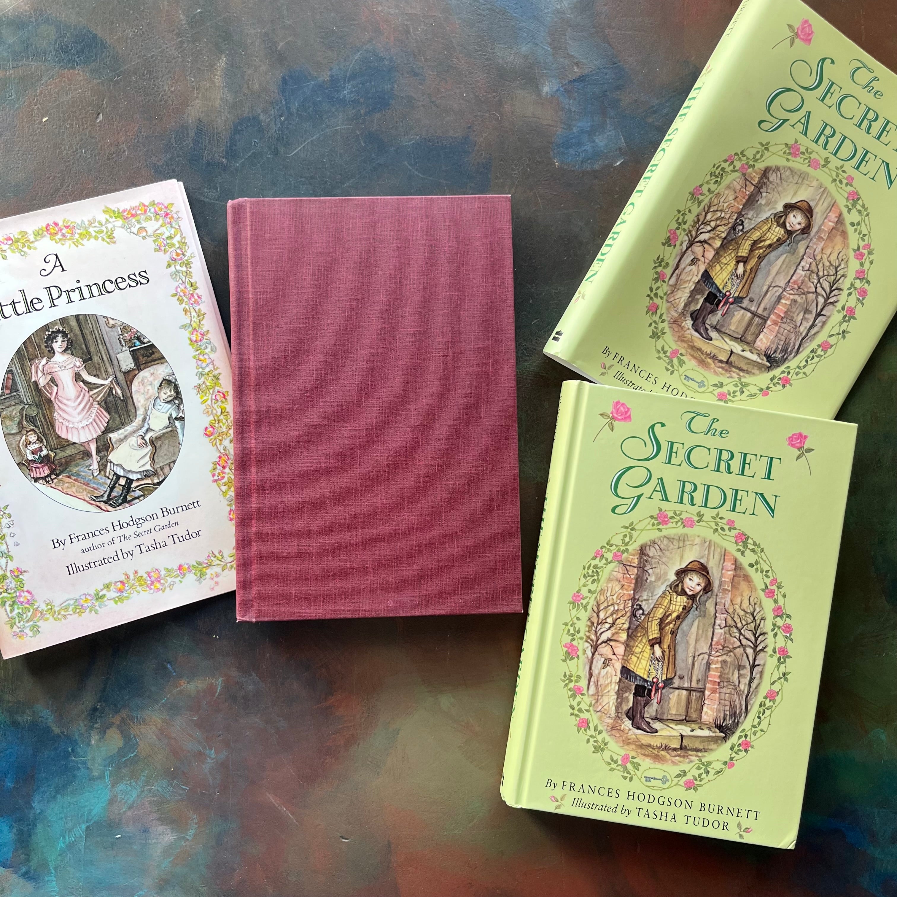 The Little Princess and The Secret Garden written by Frances Hodgson Burnett with Illustrations by Tasha Tudor-vintage children's living chapter books-view of the front covers