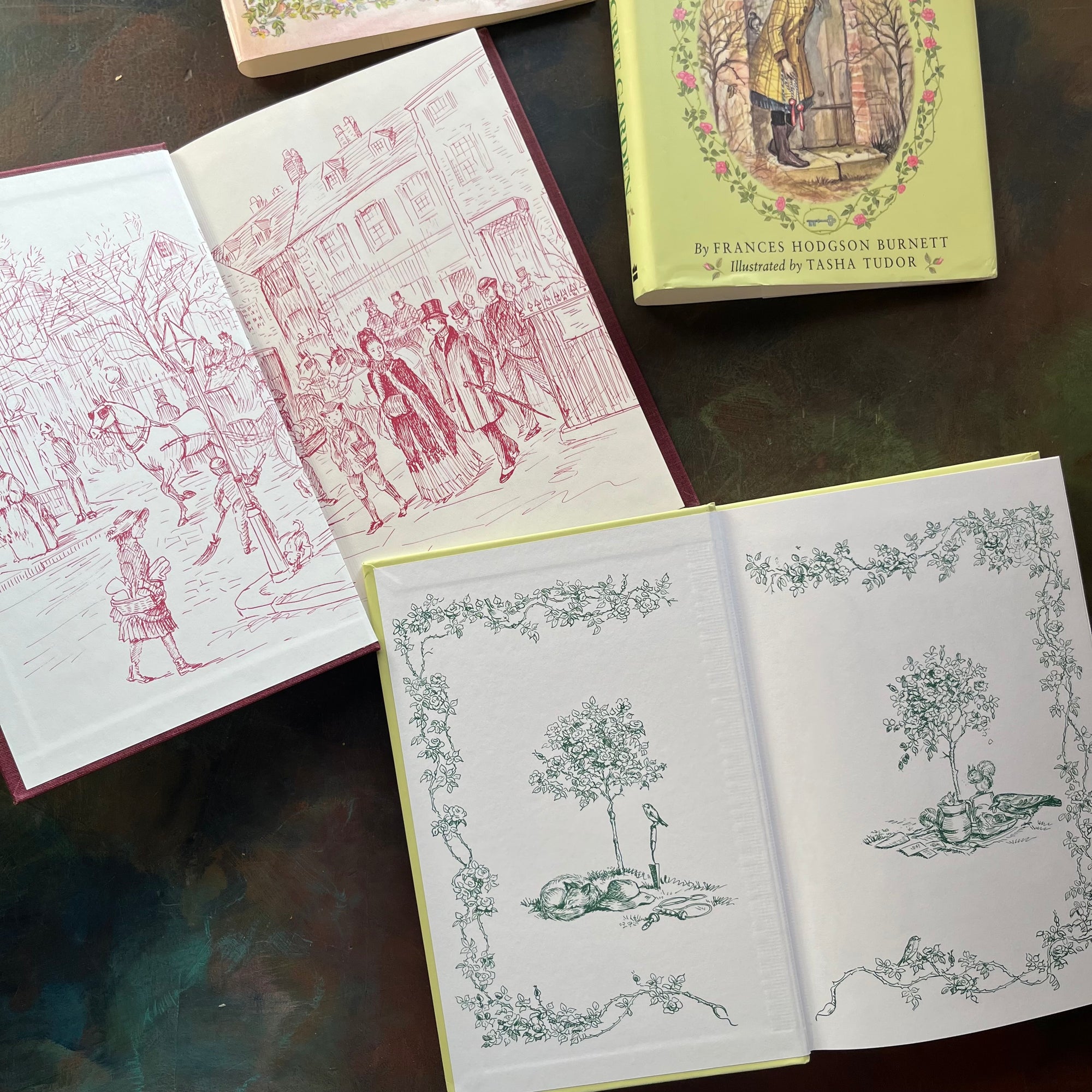 The Little Princess and The Secret Garden written by Frances Hodgson Burnett with Illustrations by Tasha Tudor-vintage children's living chapter books-view of the inside covers