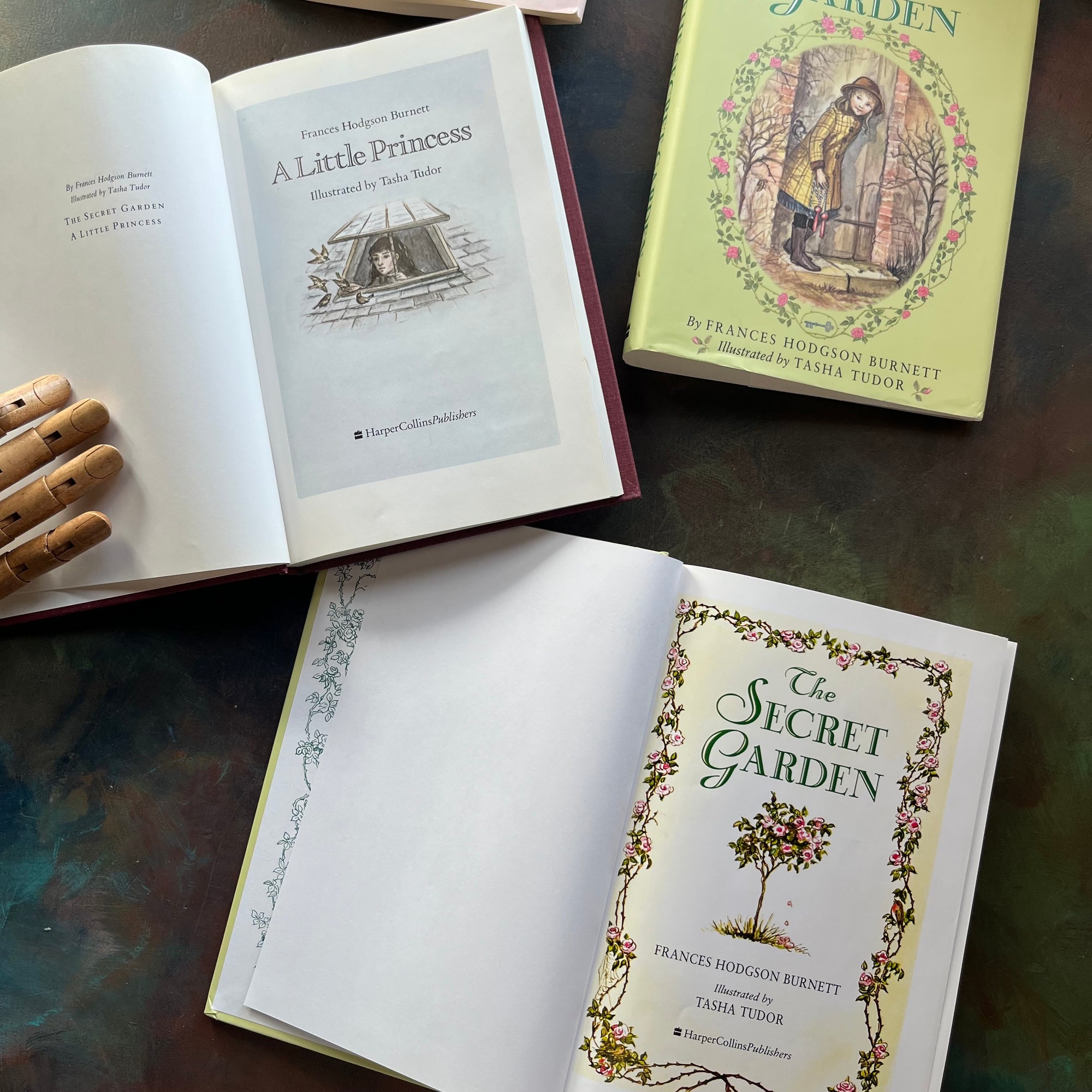 The Little Princess and The Secret Garden written by Frances Hodgson Burnett with Illustrations by Tasha Tudor-vintage children's living chapter books-view of the title pages