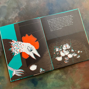 The Little Tiny Rooster written and illustrated by Will and Nicolas-vintage children's picture book-farm life-children's animal stories-illustration of a hen with her babies and a tiny baby rooster