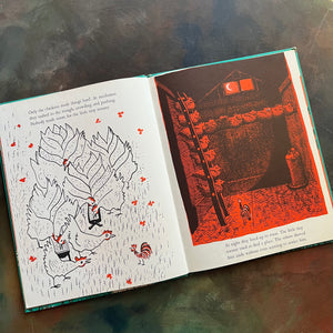 The Little Tiny Rooster written and illustrated by Will and Nicolas-vintage children's picture book-farm life-children's animal stories-illustrations of normal sized chickens with a tiny rooster both inside the barn and in the barn yard