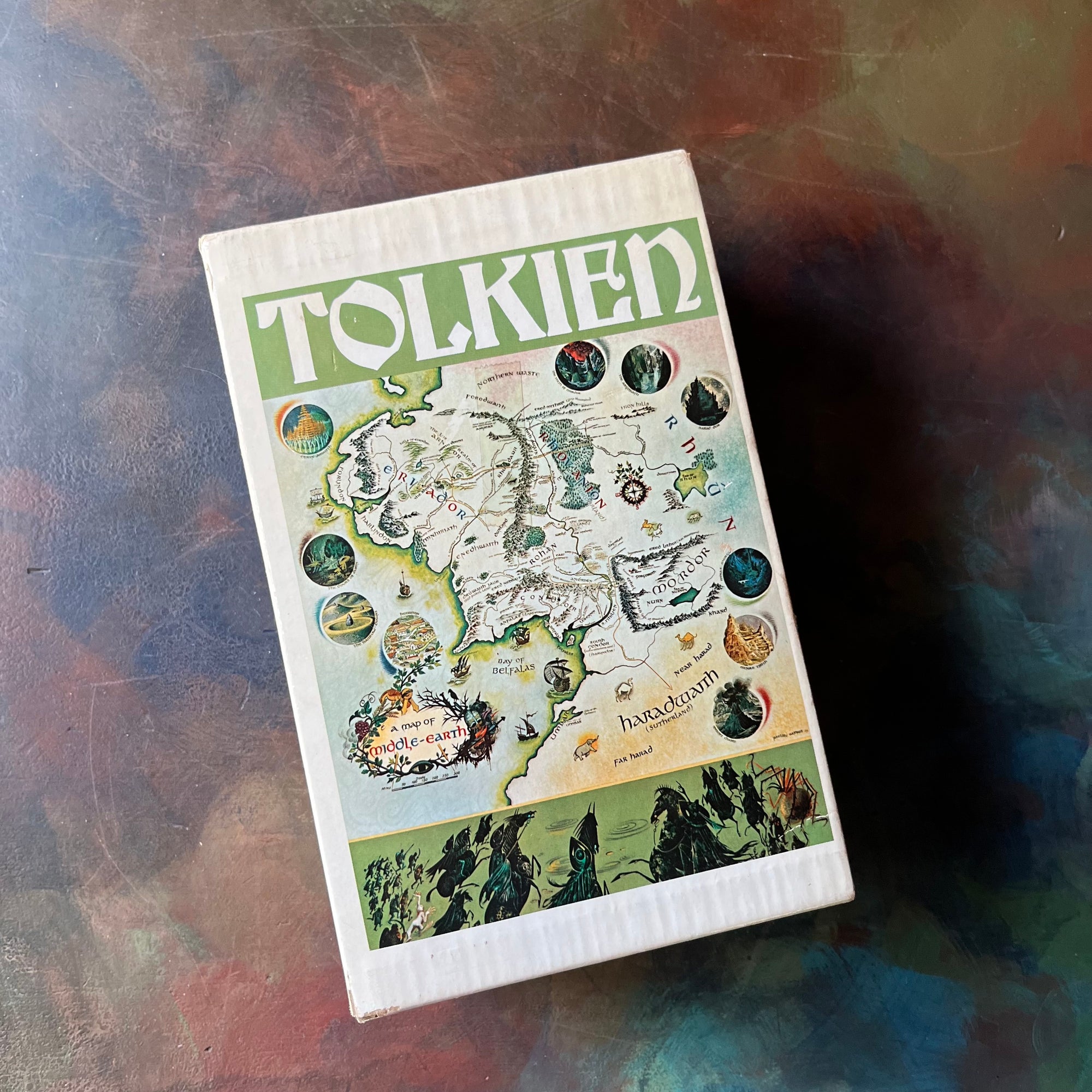 The Lord of the Rings Trilogy Box Set by J. R. R. Tolkien-The Fellowship of the Ring, The Two Towers, and The Return of the King-classic literature everyone should read-view of the outside of the box set