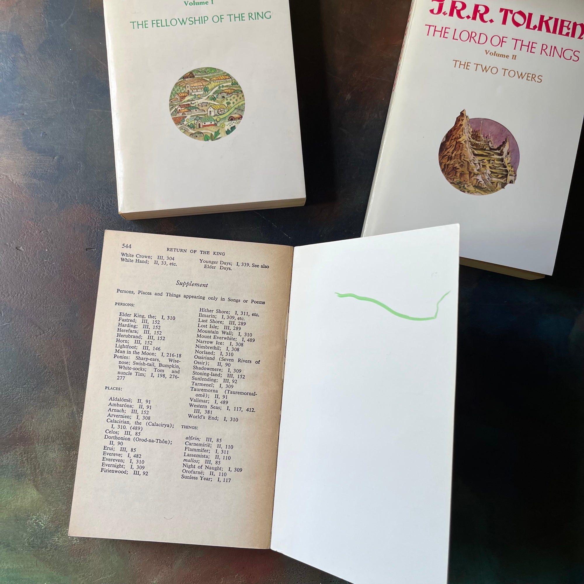 The Lord of the Rings Trilogy Box Set by J. R. R. Tolkien-The Fellowship of the Ring, The Two Towers, and The Return of the King-classic literature everyone should read-view of the marker on the back, inside cover of The Return of the King.