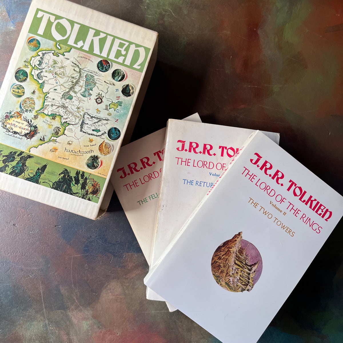 The Lord of the Rings Trilogy Box Set by J. R. R. Tolkien-The Fellowship of the Ring, The Two Towers, and The Return of the King-classic literature everyone should read-view of the front covers