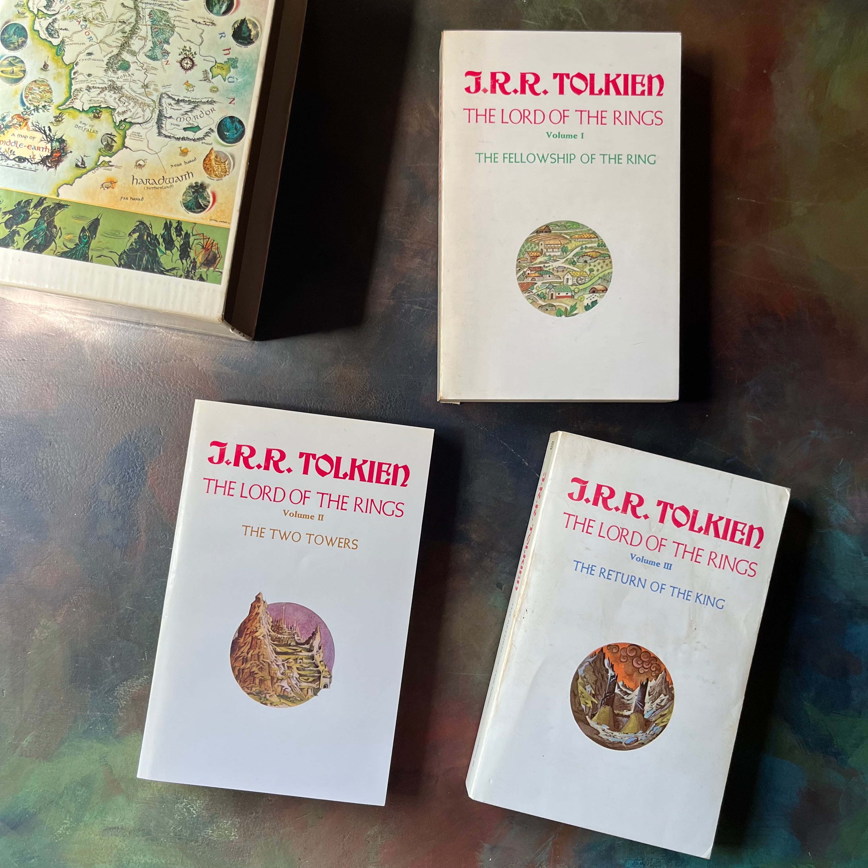 The Lord of the Rings Trilogy Box Set by J. R. R. Tolkien-The Fellowship of the Ring, The Two Towers, and The Return of the King-classic literature everyone should read-view of the front covers