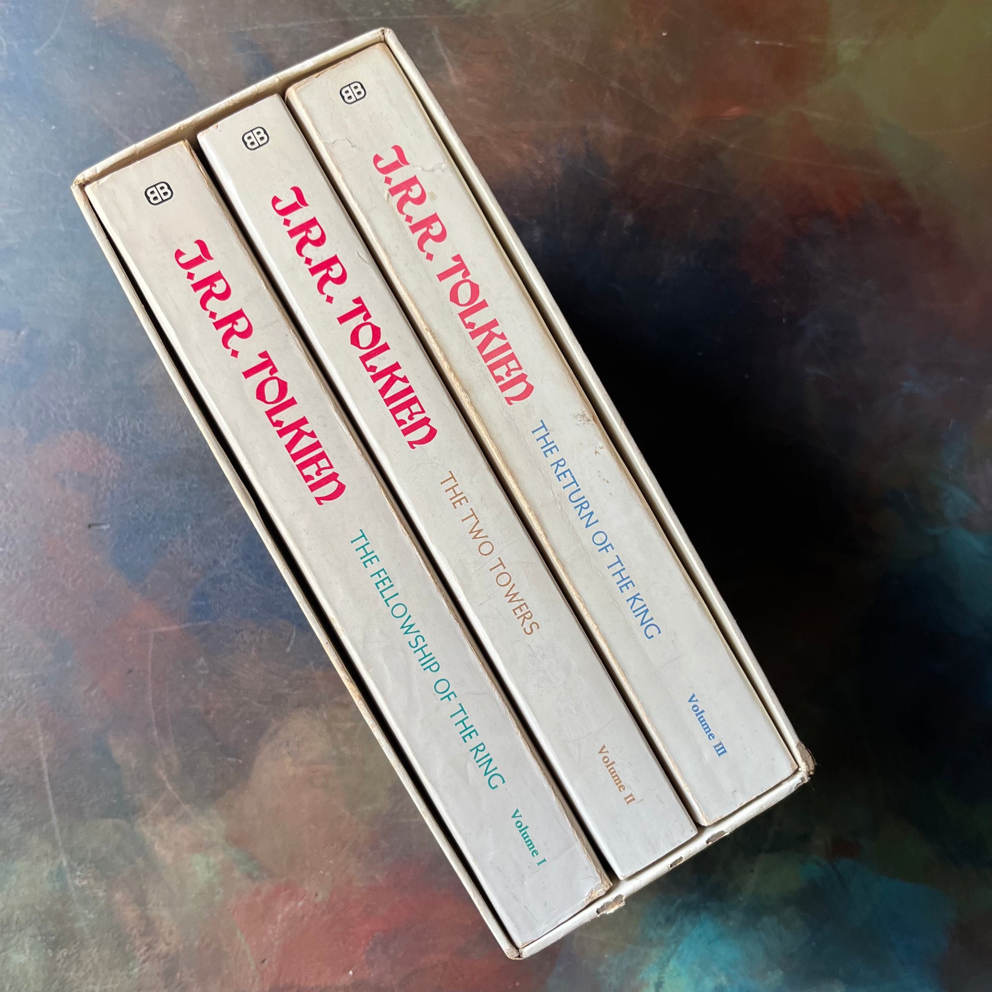 The Lord of the Rings Trilogy Box Set by J. R. R. Tolkien-The Fellowship of the Ring, The Two Towers, and The Return of the King-classic literature everyone should read-view of the spines