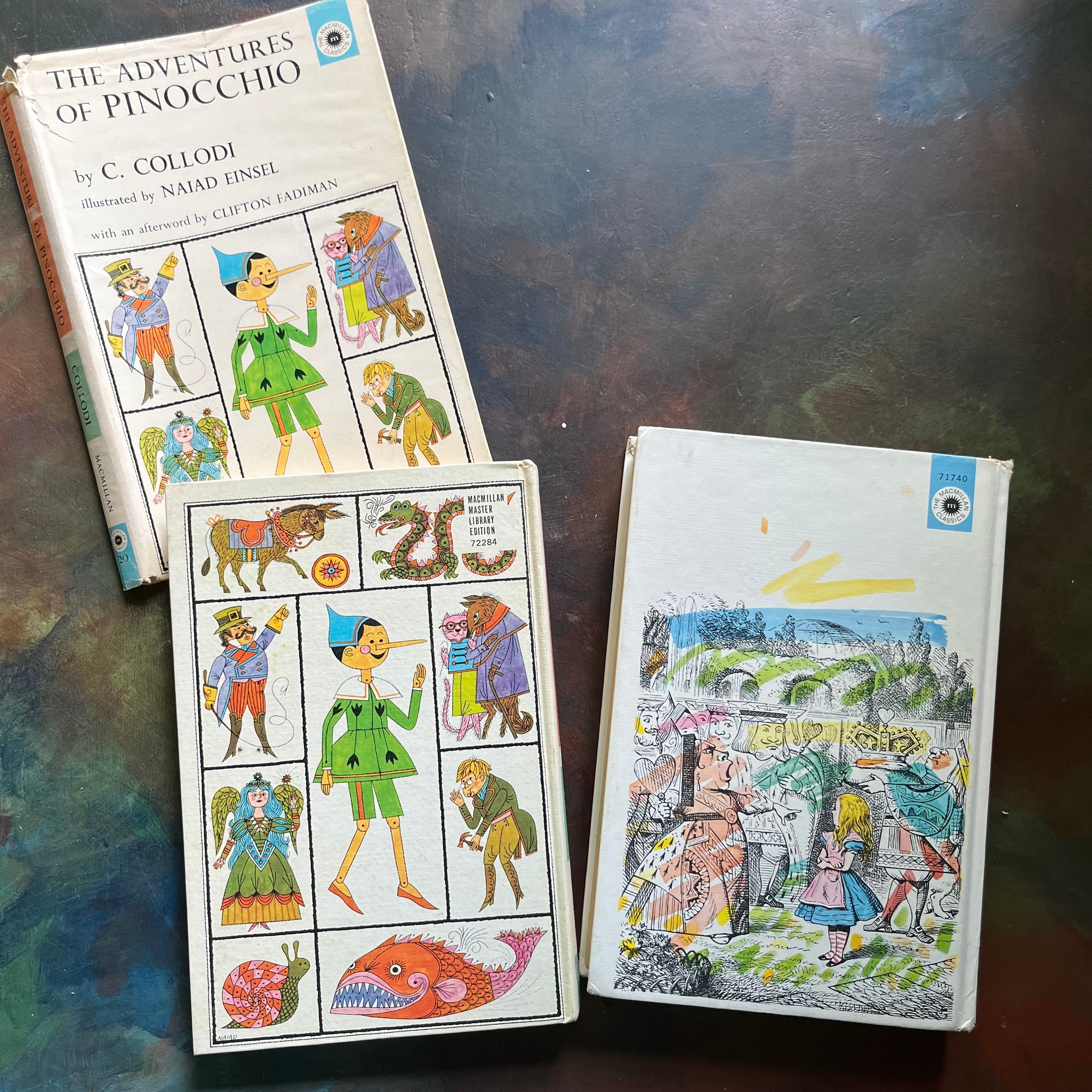 The Macmillan Classics-Pinocchio-Alice's Adventures in Wonderland-Through the Looking Glass-vintage children's classics-classic literature-view of the back covers