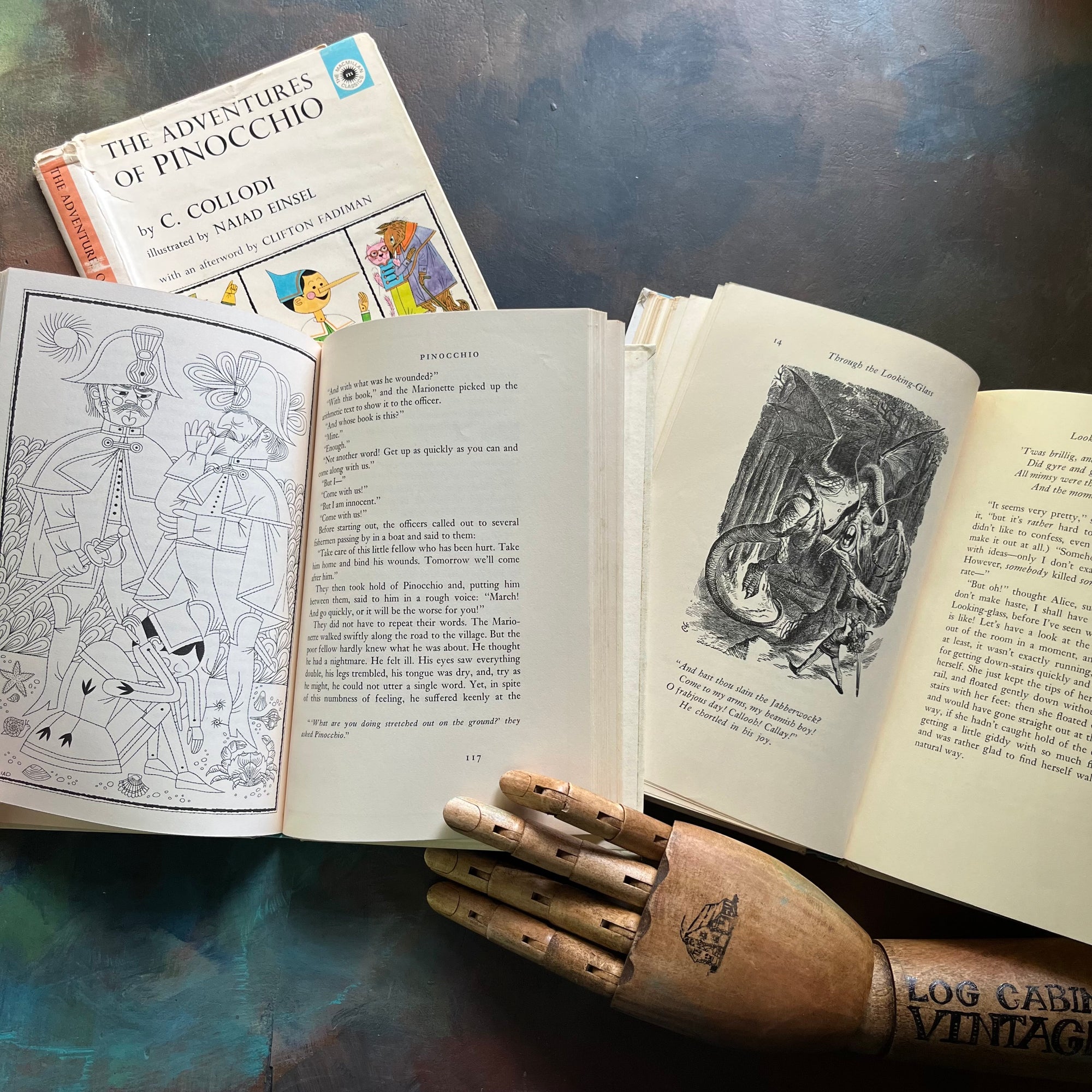 The Macmillan Classics-Pinocchio-Alice's Adventures in Wonderland-Through the Looking Glass-vintage children's classics-classic literature-view of the black & white illustrations