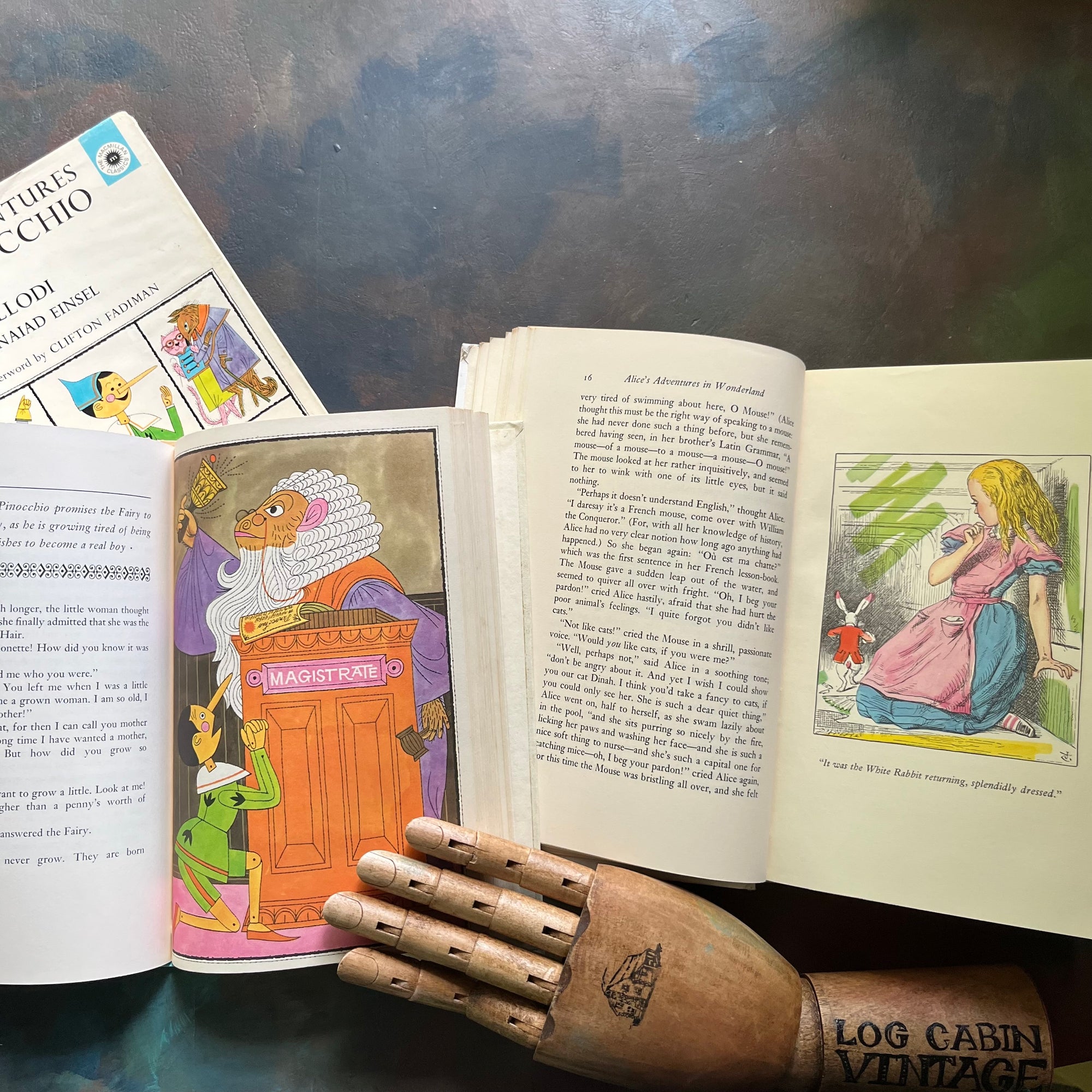 The Macmillan Classics-Pinocchio-Alice's Adventures in Wonderland-Through the Looking Glass-vintage children's classics-classic literature-view of the color illustrations