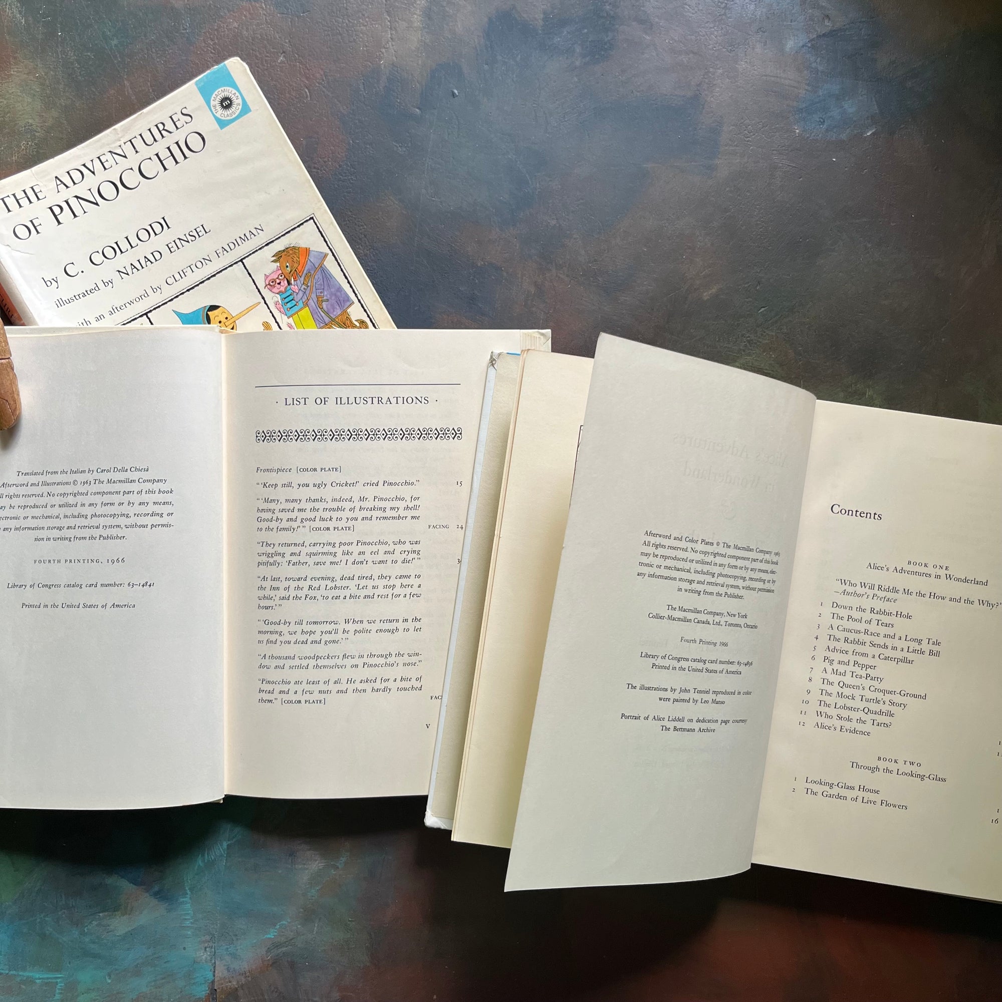 The Macmillan Classics-Pinocchio-Alice's Adventures in Wonderland-Through the Looking Glass-vintage children's classics-classic literature-view of the copyrights