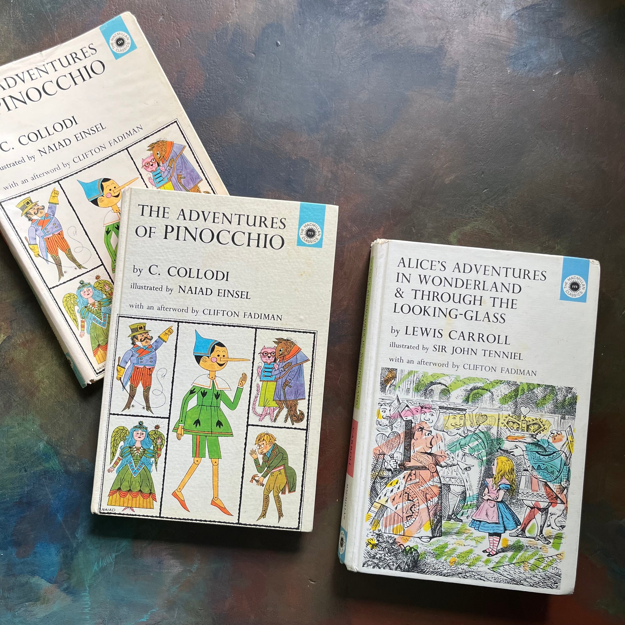 The Macmillan Classics-Pinocchio-Alice's Adventures in Wonderland-Through the Looking Glass-vintage children's classics-classic literature-view of the front covers without dust jacket