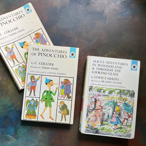 The Macmillan Classics-Pinocchio-Alice's Adventures in Wonderland-Through the Looking Glass-vintage children's classics-classic literature-view of the front covers without dust jacket