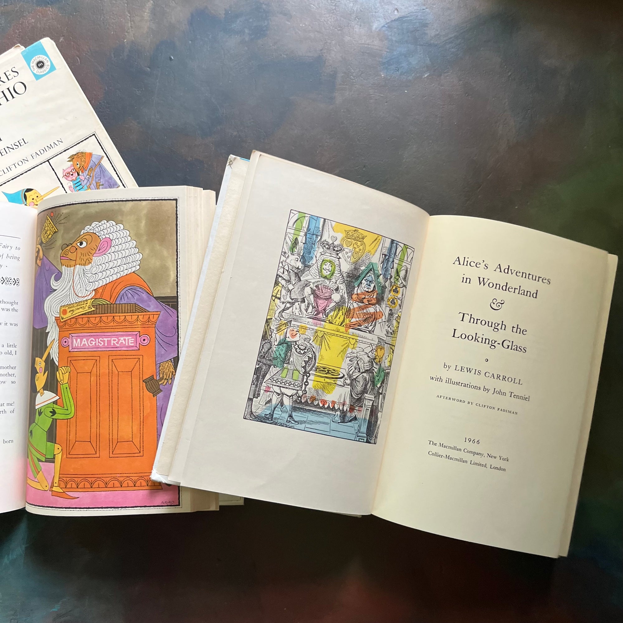 The Macmillan Classics-Pinocchio-Alice's Adventures in Wonderland-Through the Looking Glass-vintage children's classics-classic literature-view of the color illustrations