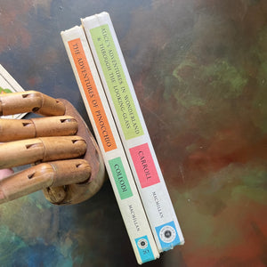 The Macmillan Classics-Pinocchio-Alice's Adventures in Wonderland-Through the Looking Glass-vintage children's classics-classic literature-view of the spines in bright, fun colors - this set makes a wonderful rainbow set for your bookshelf
