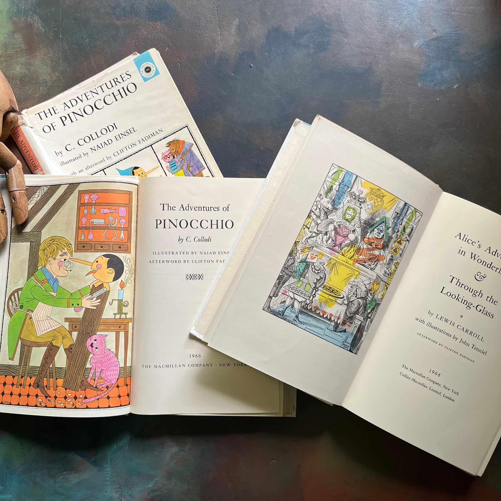 The Macmillan Classics-Pinocchio-Alice's Adventures in Wonderland-Through the Looking Glass-vintage children's classics-classic literature-view of the title pages