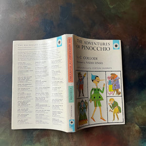 The Macmillan Classics-The Adventures of Pinocchio, Five Little Peppers and Rebecca of Sunnybrook Farm-classic children's stories-children's books-view of the outside of Pinocchio's outside of the dust jacket
