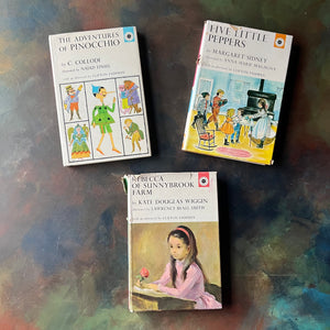 The Macmillan Classics-The Adventures of Pinocchio, Five Little Peppers and Rebecca of Sunnybrook Farm-classic children's stories-children's books-view of the dust jacket's front covers