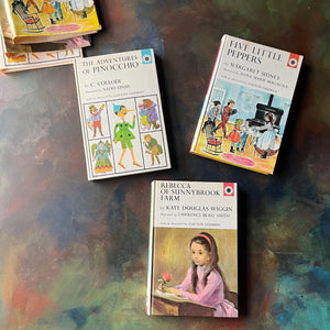 The Macmillan Classics-The Adventures of Pinocchio, Five Little Peppers and Rebecca of Sunnybrook Farm-classic children's stories-children's books-view of the front covers