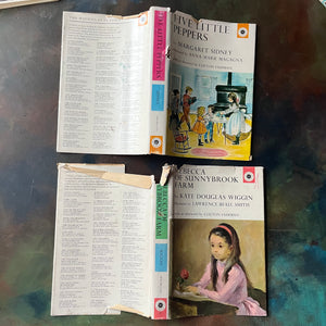 The Macmillan Classics-The Adventures of Pinocchio, Five Little Peppers and Rebecca of Sunnybrook Farm-classic children's stories-children's books-view of the outside of two of the dust jackets showing condition - tears around the edges
