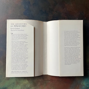 The Macmillan Classics-The Adventures of Pinocchio, Five Little Peppers and Rebecca of Sunnybrook Farm-classic children's stories-children's books-view of Pinocchio's dust jacket's inside flaps
