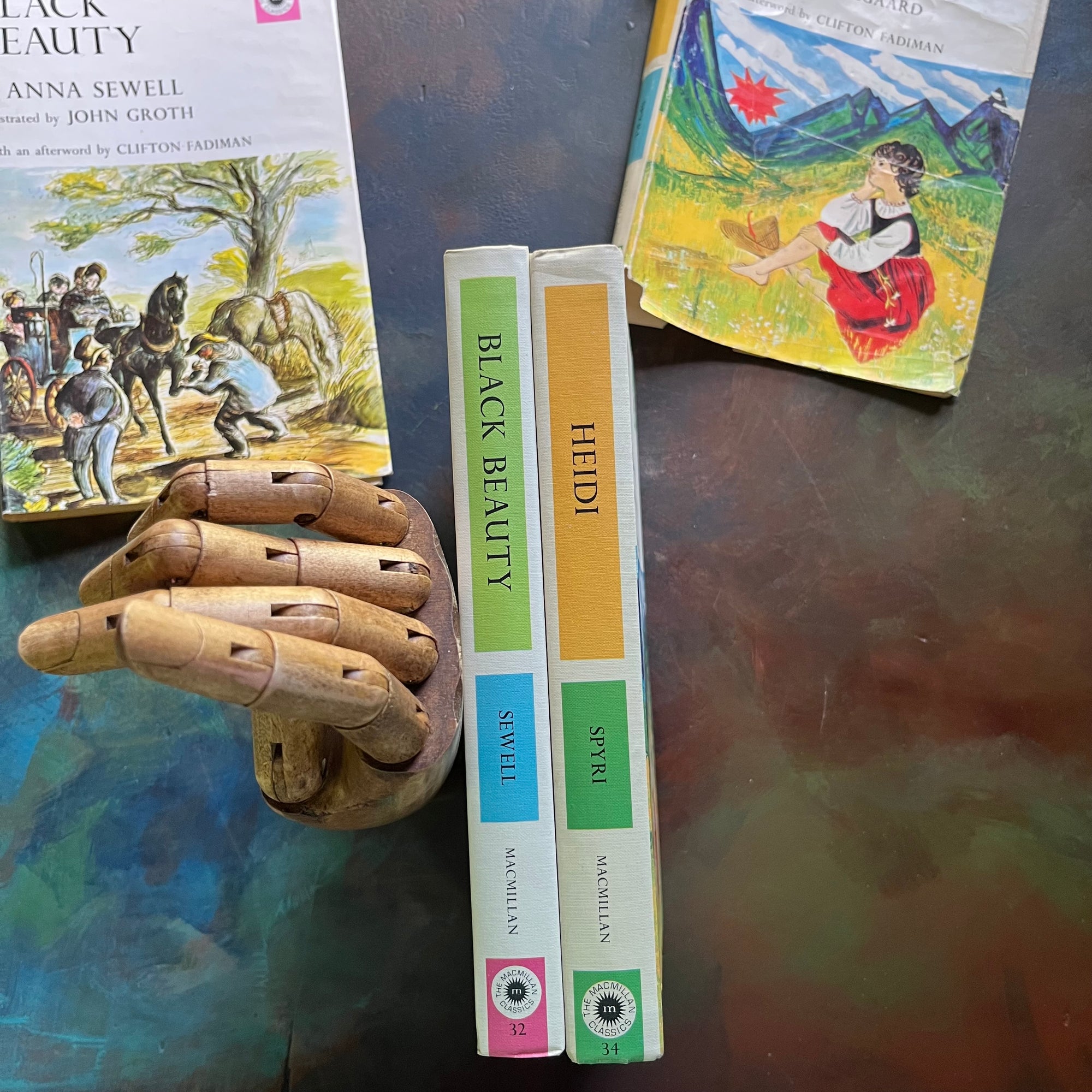 The Macmillan Classics Series-Black Beauty by Anna Sewell-Heidi by Johanna Spyri-children's classic literature-vintage children's books-view of the colorful spines - this set makes a wonderful rainbow set for your bookshelf!