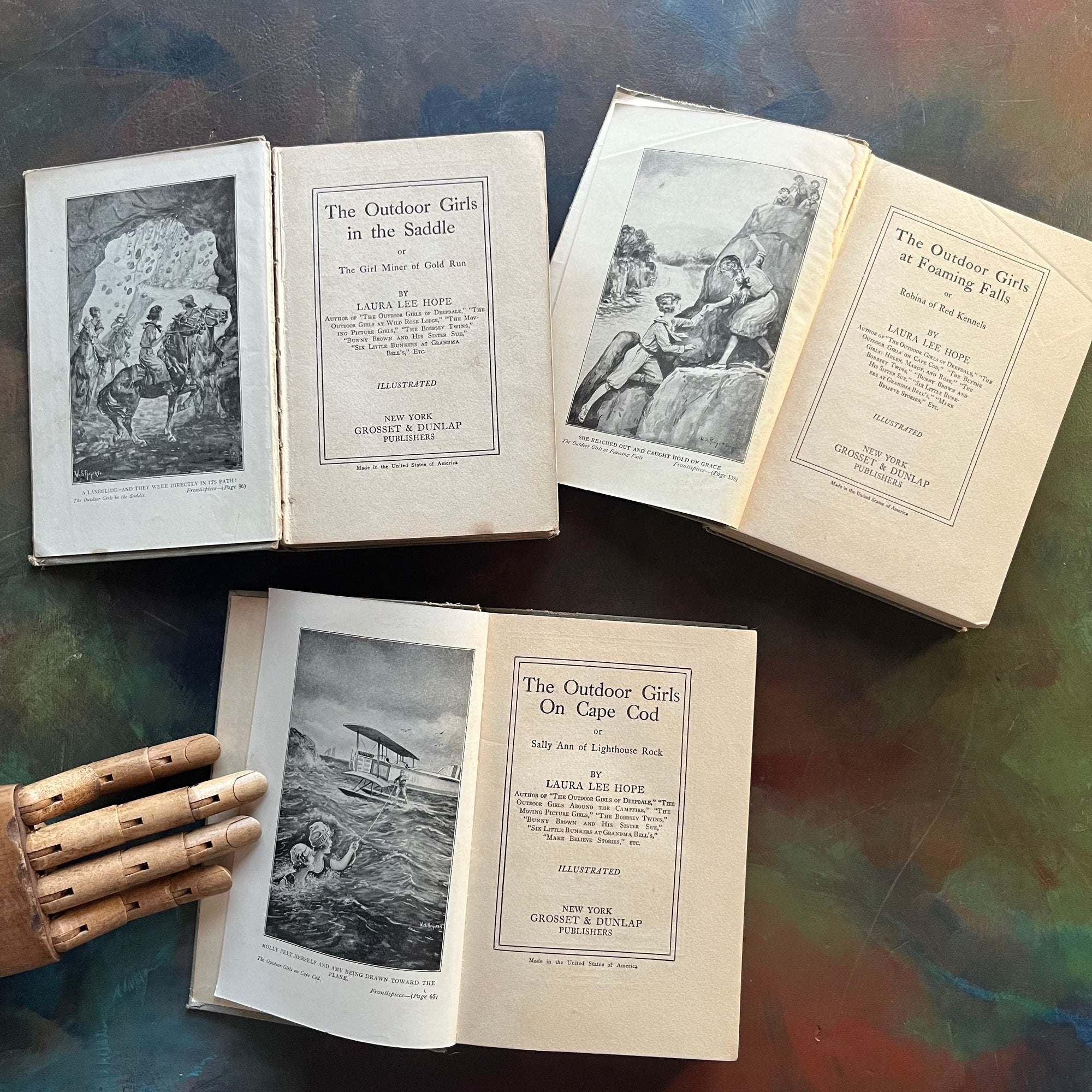The Outdoor Girls on Cape Cod-The Outdoor Girls at Foaming Falls-The Outdoor Girls in the Saddle-Laura Lee Hope-vintage adventure books for girls-view of the title pages