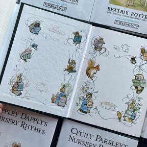  The Peter Rabbit Library Complete 23 Volume Set Written & Illustrated by Beatrix Potter-classic children's stories-children's bookshelf must have-view of the inside cover design on most of the books in this set