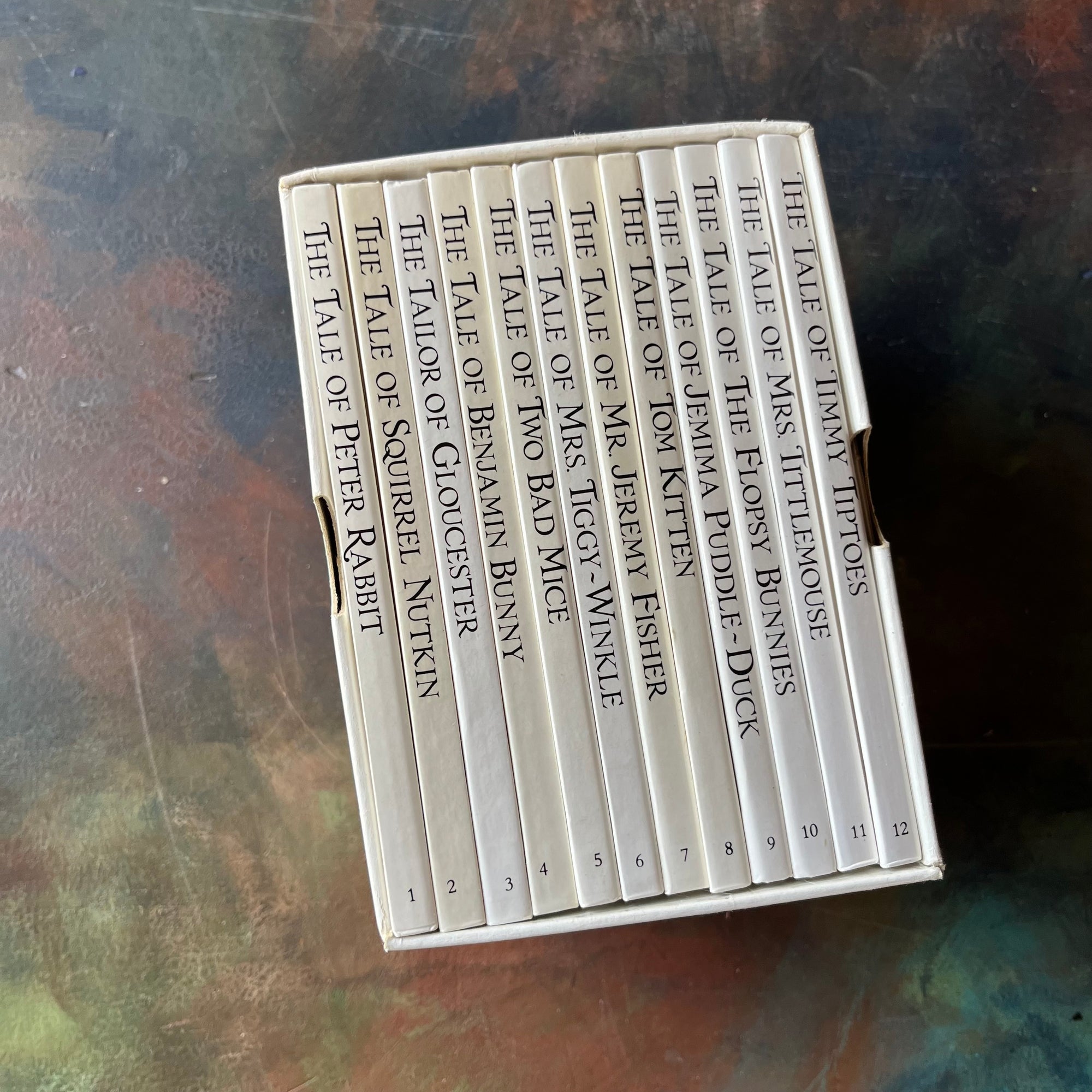 The Peter Rabbit Library by Beatrix Potter-Books 1 through 12-vintage children's storybooks-children's animal stories-view of the spines