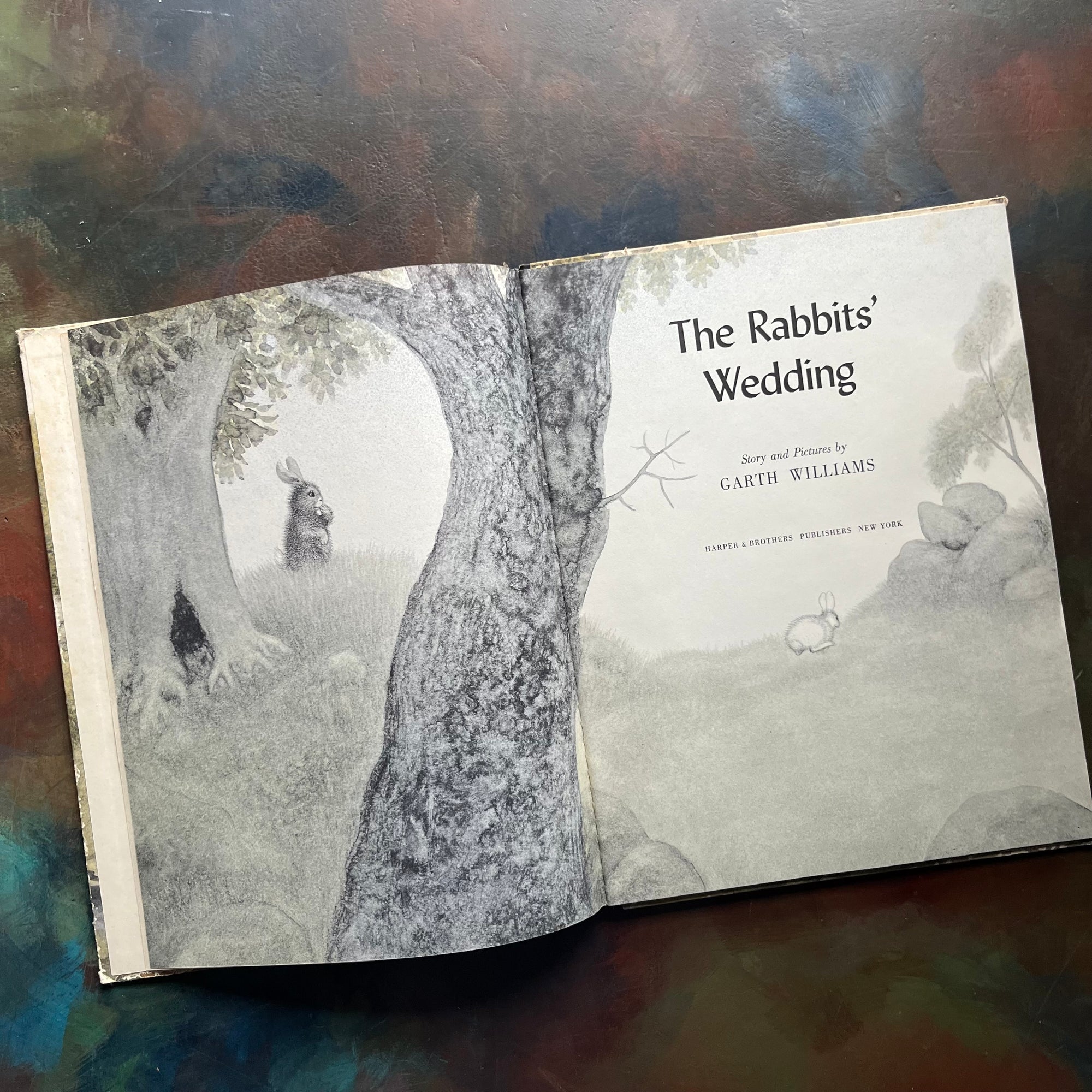 The Rabbit’s Wedding written and illustrated by Garth Williams-1958-First Edition-Vintage Children’s Picture Book-Civil Rights Controversial Book-view of the title page