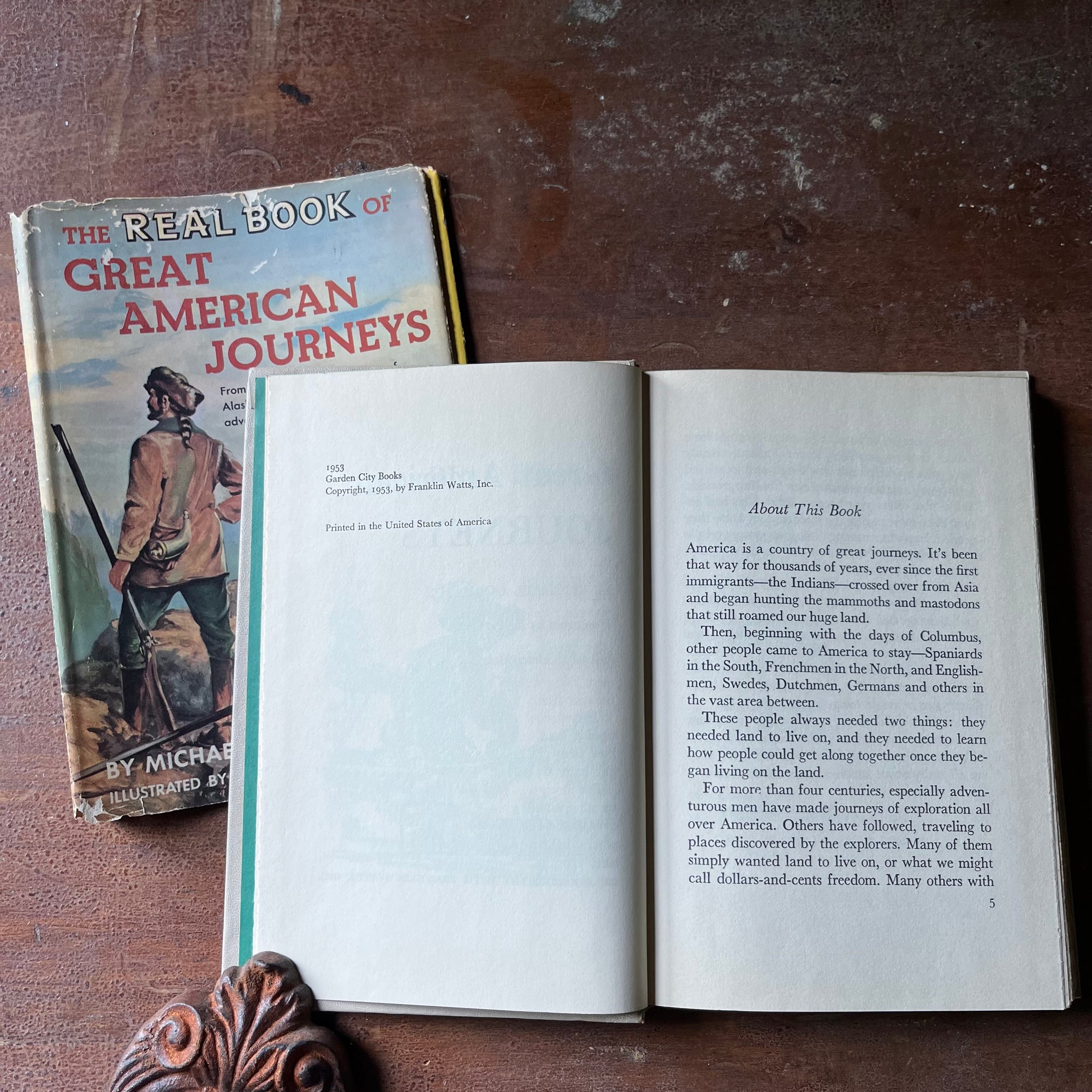 vintage children's book, vintage children's history book, vintage chapter book , The Real Book Series - The Real Book of Great American Journeys written by Michael Gorham & illustrated by Deane Cate - view of the copyright