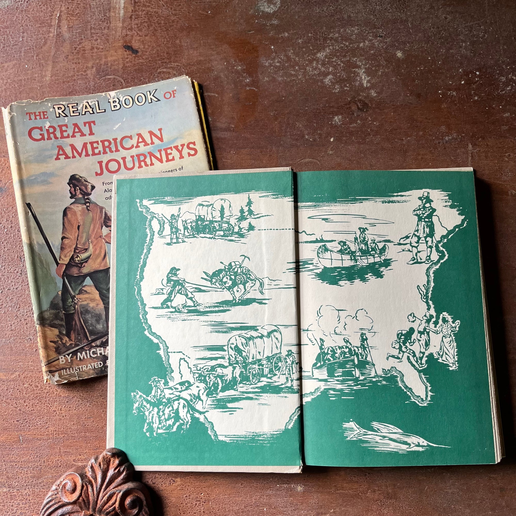 vintage children's book, vintage children's history book, vintage chapter book , The Real Book Series - The Real Book of Great American Journeys written by Michael Gorham & illustrated by Deane Cate - view of the inside cover