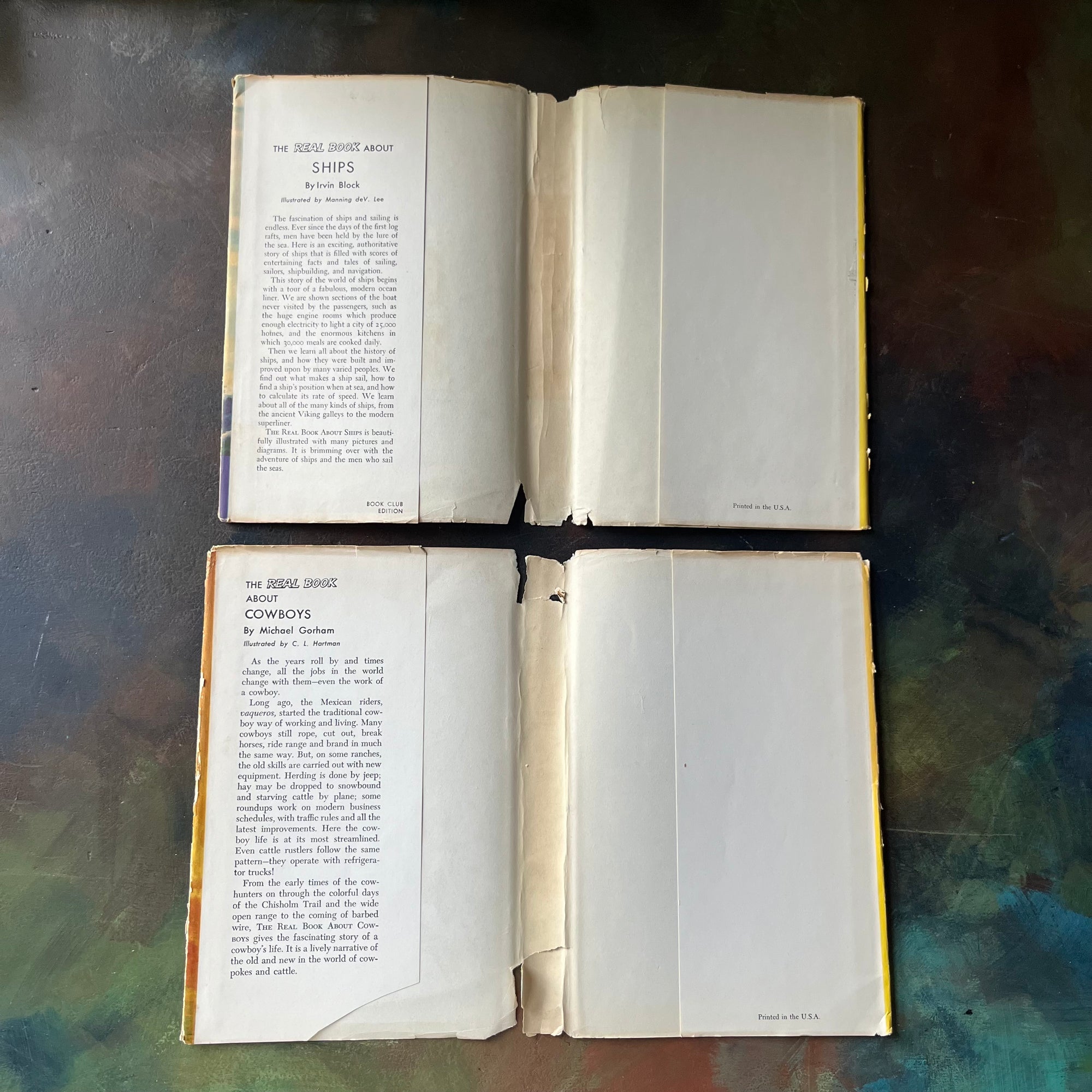 The Real Books About Series Book Set-Horses-Ships-Pirates-Cowboys-Prehistoric Life-vintage children's living history books-view of the dust jacket's inside flaps