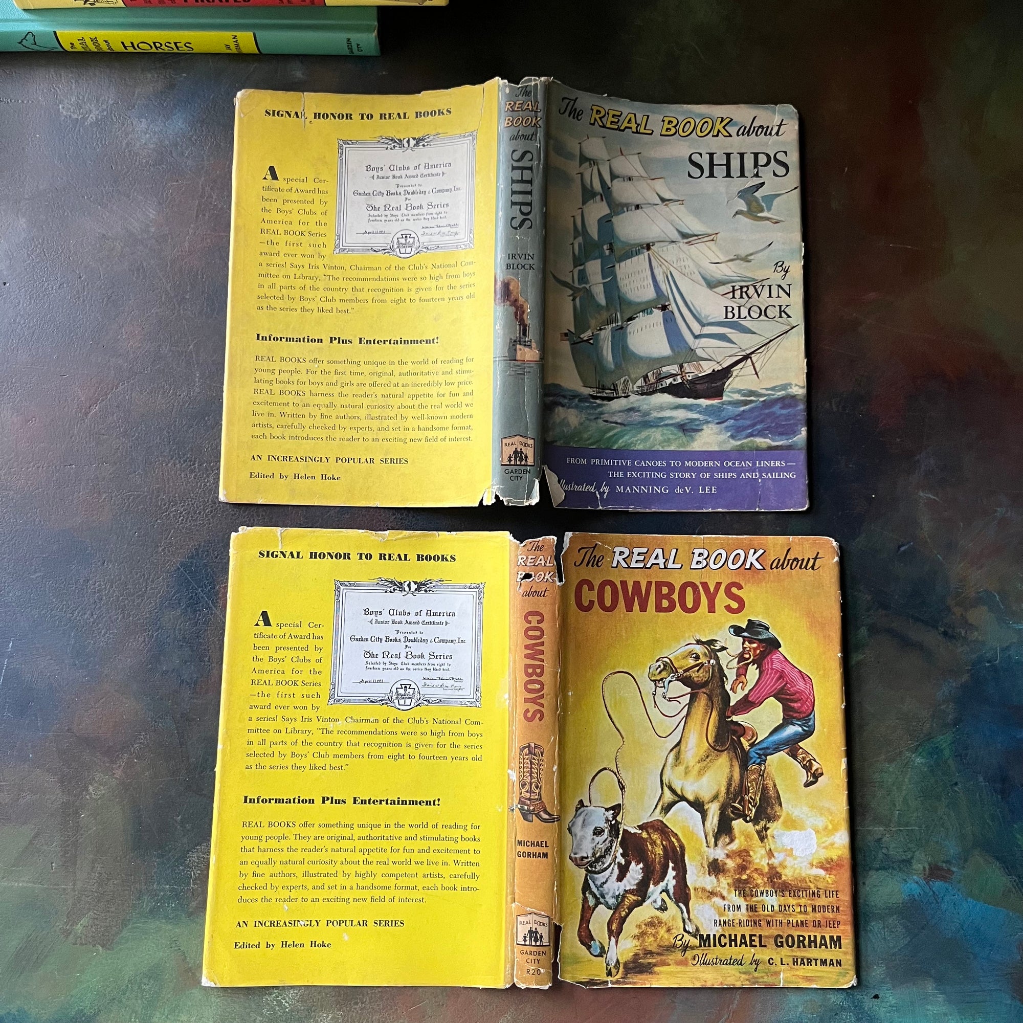 The Real Books About Series Book Set-Horses-Ships-Pirates-Cowboys-Prehistoric Life-vintage children's living history books-view of the outside of the dust jackets